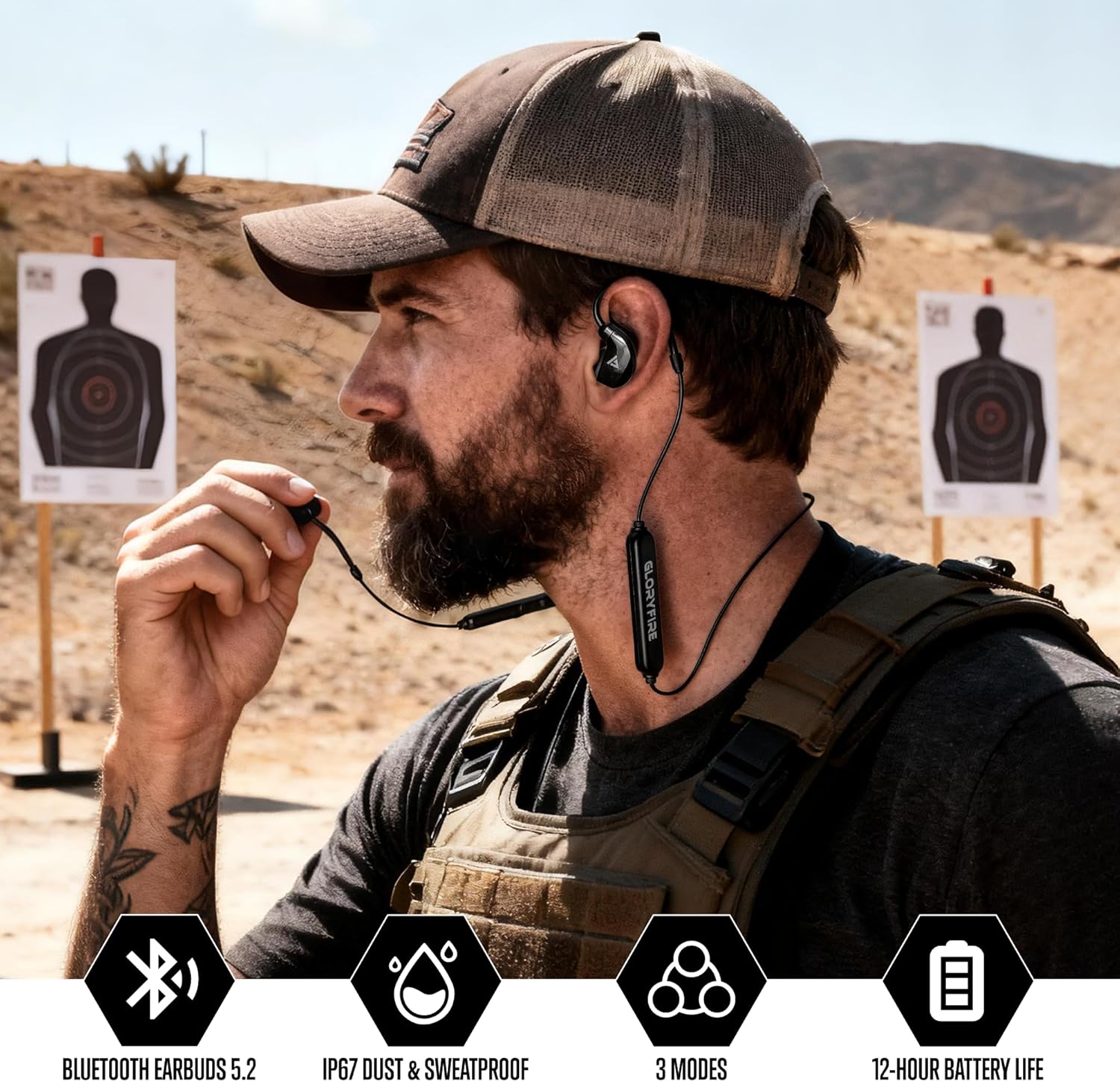 GLORYFIRE Bluetooth shooting ear protection earplugs in matte black, featuring compact design and noise-canceling features for shooters.