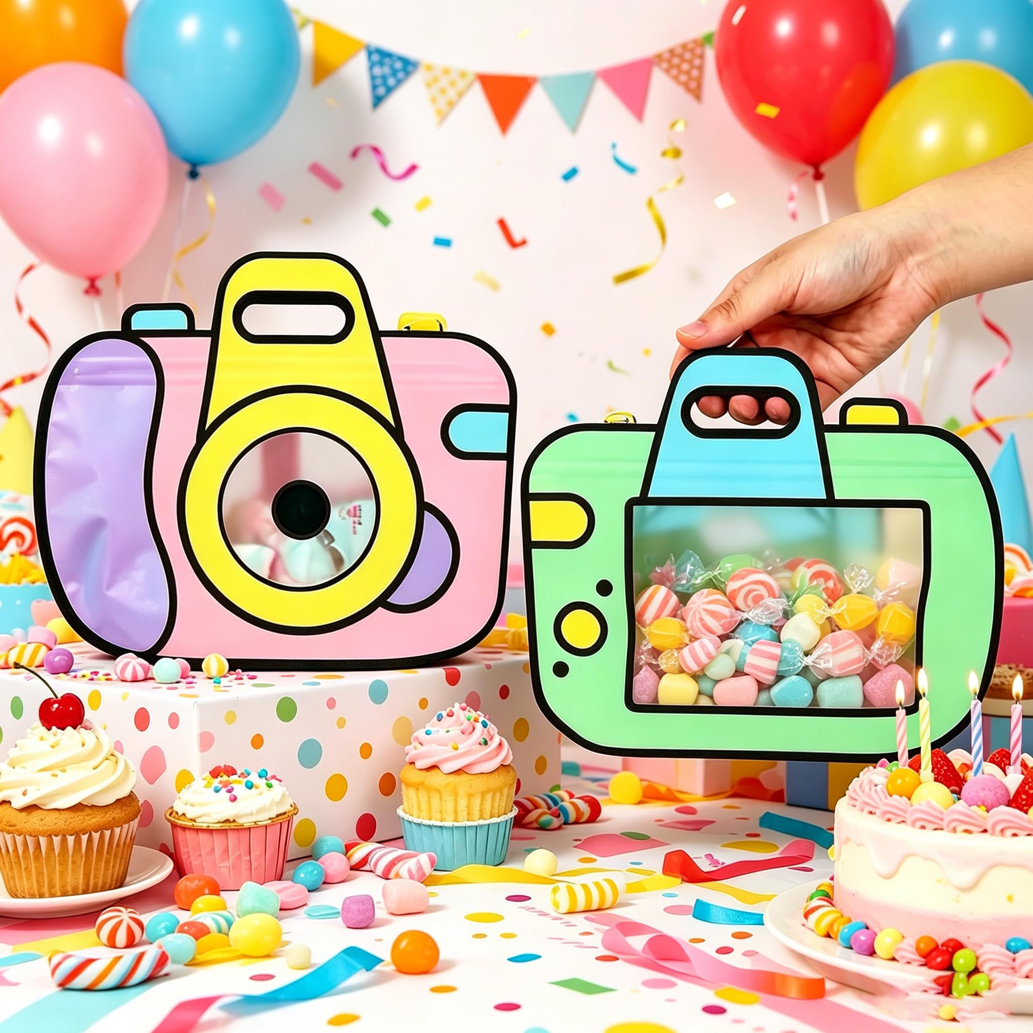 30PCS Cartoon Camera Shape Gift Bags with Handles,Bulk Party - Product Imagery