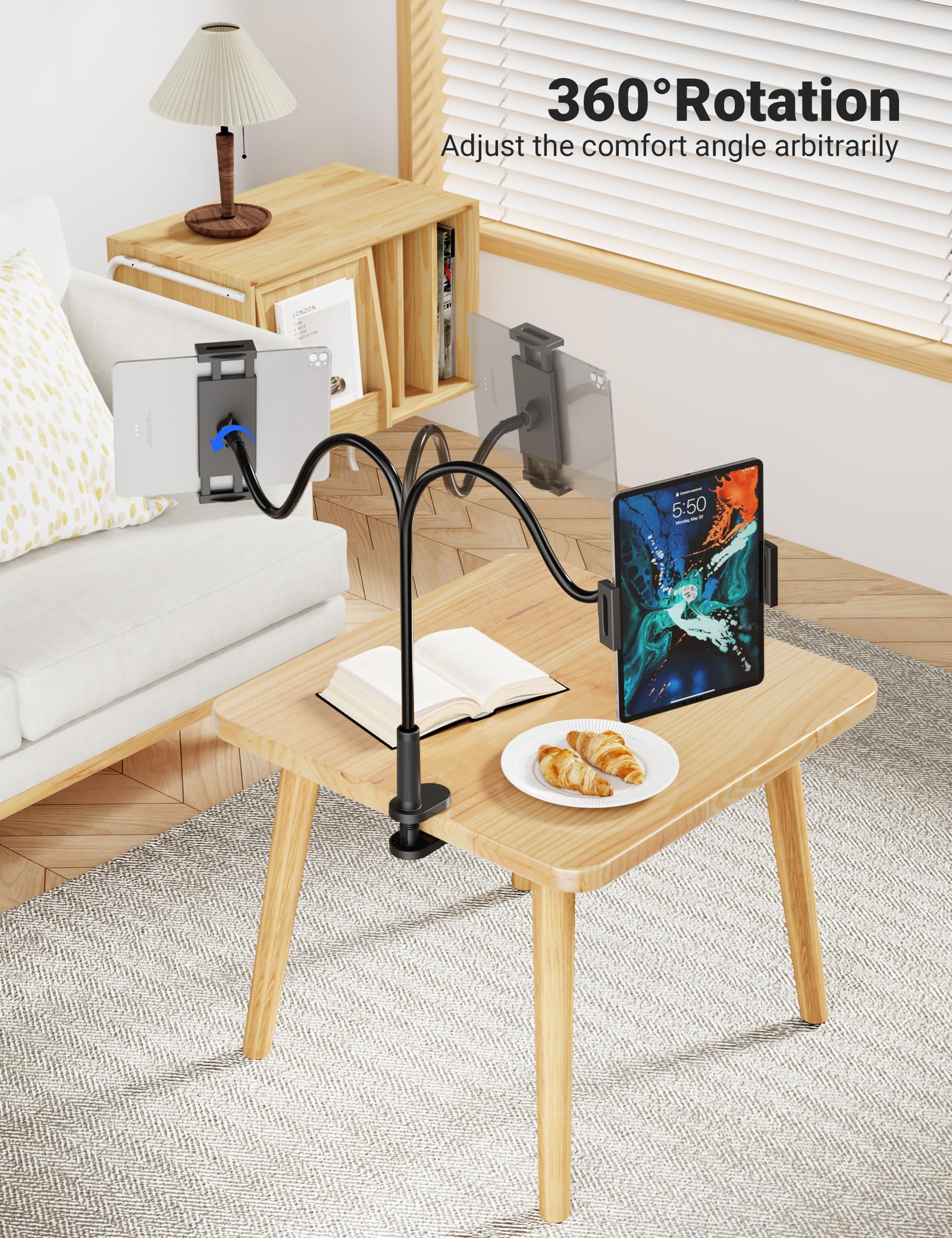 Klsniur flexible gooseneck tablet holder with adjustable mount and sturdy clamp, compatible with iPad, iPhone, Samsung Galaxy Tabs.