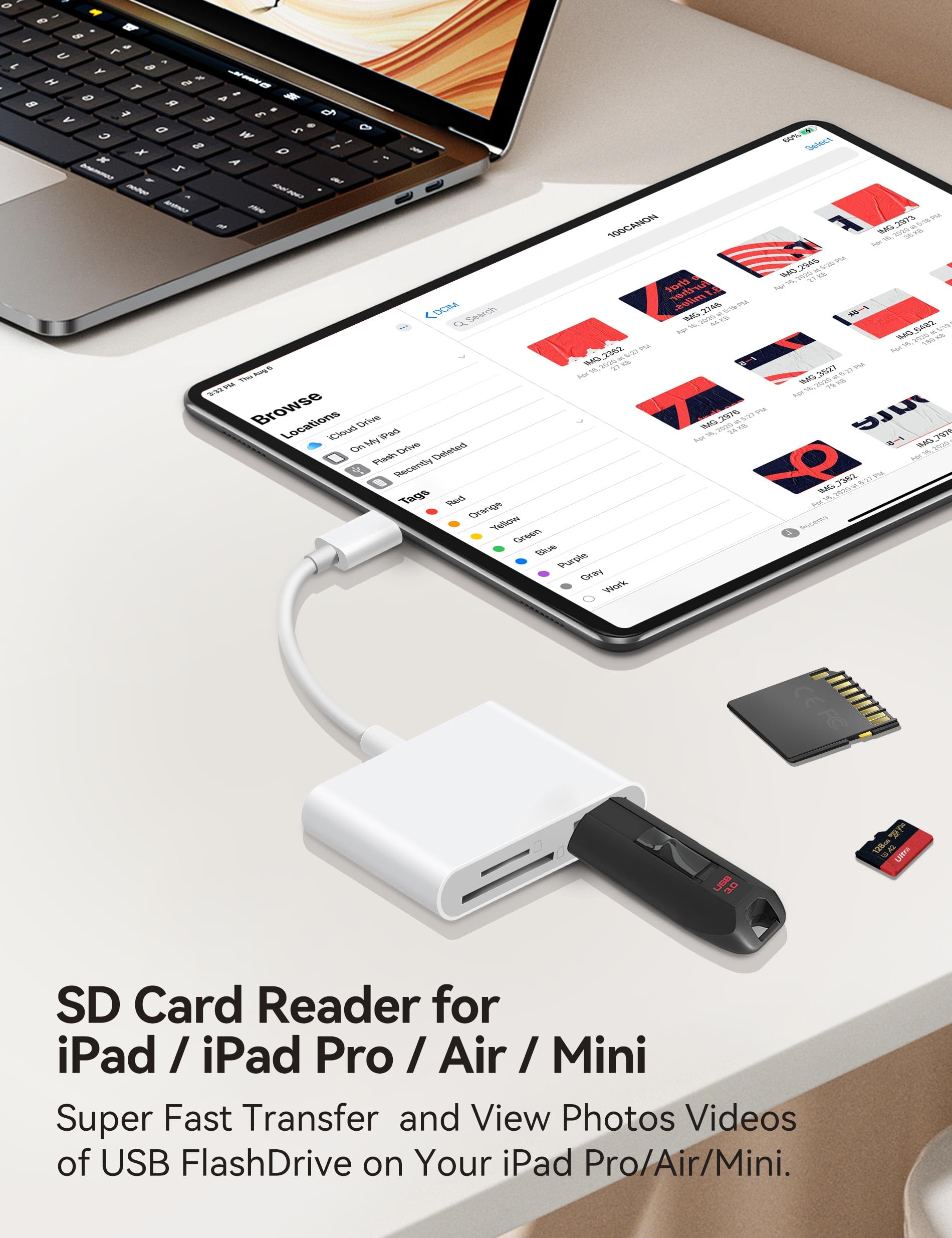 BnmxTek USB C to SD Card Reader with SD and MicroSD ports for iPhone, iPad, MacBook, Android devices, and USB-C laptops.