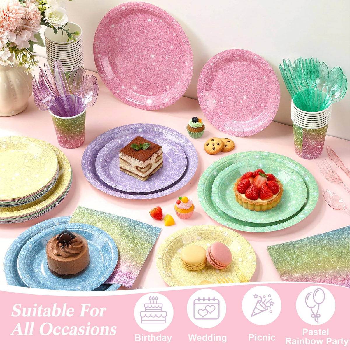 Hushee 175 Pcs 25 Guests Pastel Rainbow Paper Party Plates - Hushee Official Imagery - 6