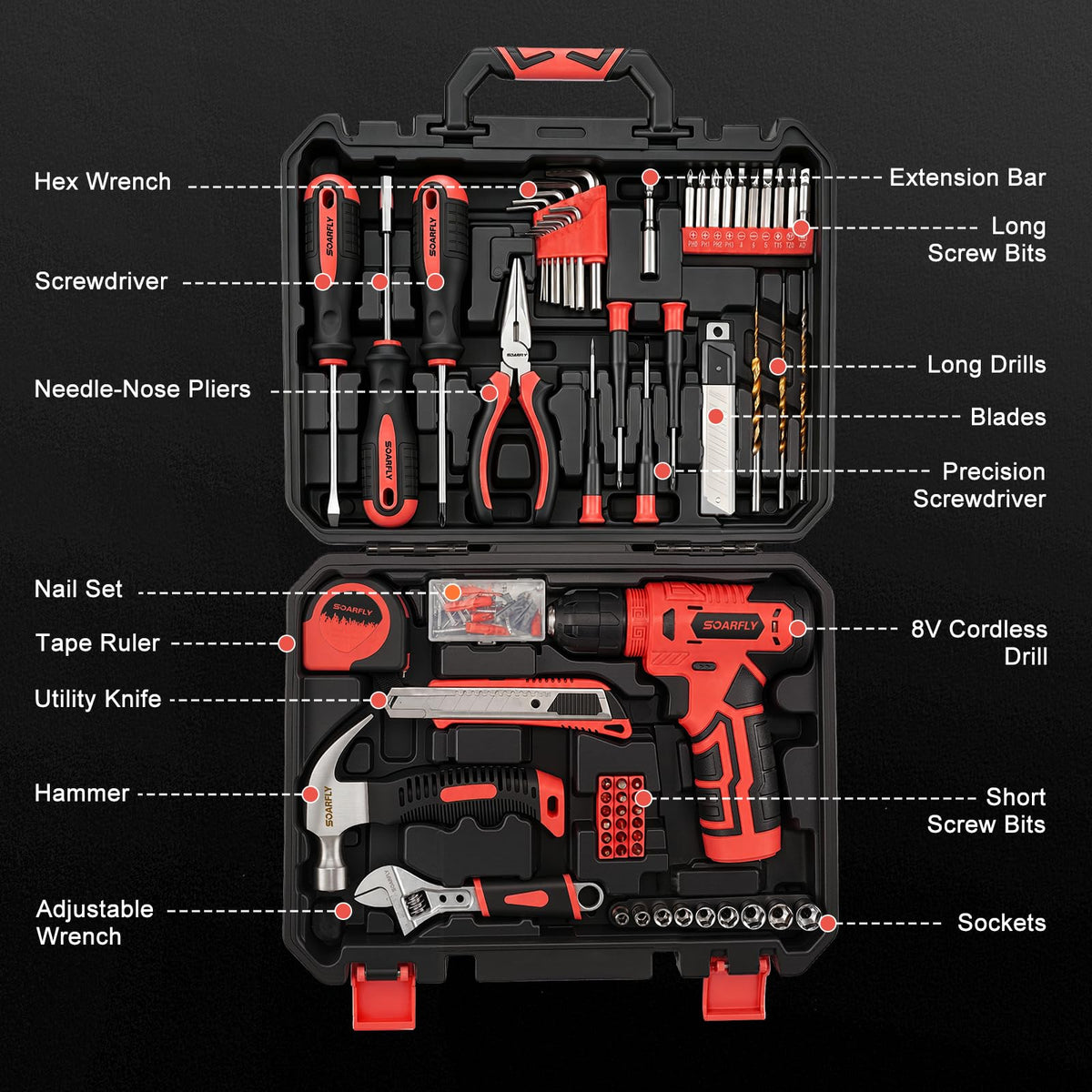 157 Piece Tool Set 8V Cordless Drill Set Hand Tool Kit for - SOARFLY Official Imagery - 3