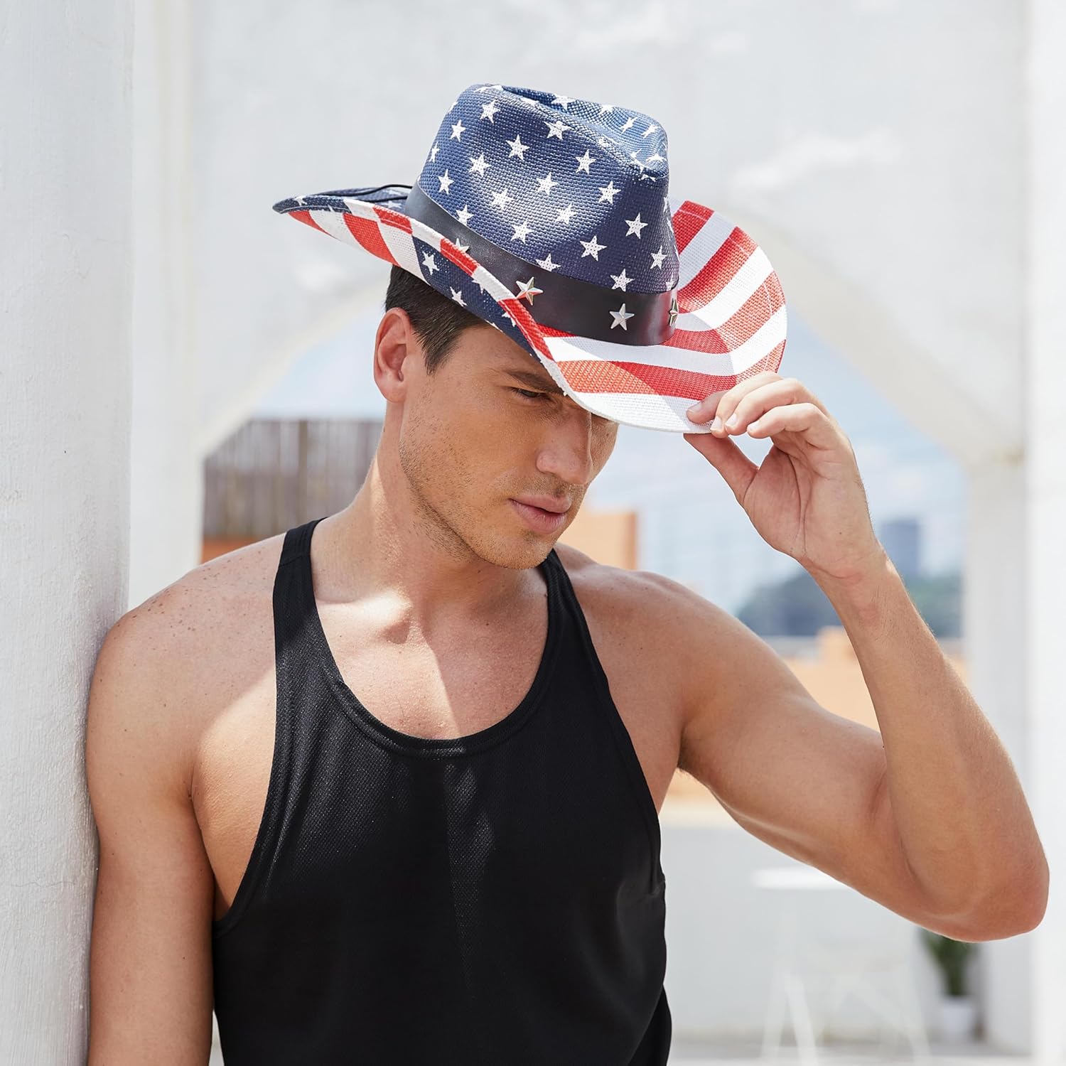Fluffy Sense American flag cowboy hat with patriotic stars and stripes, Western style for 4th of July celebrations.