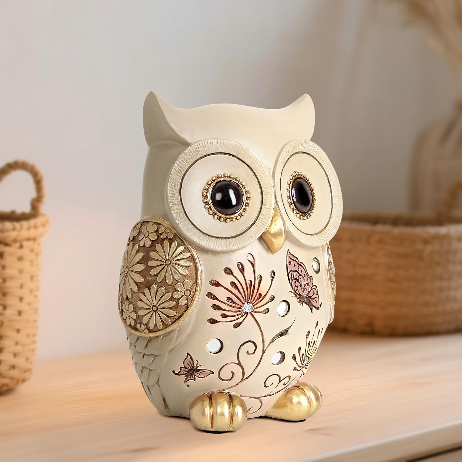 Xintim owl statue for home decor, boho room accents, featuring a detailed owl figure for bookshelf or tabletop display