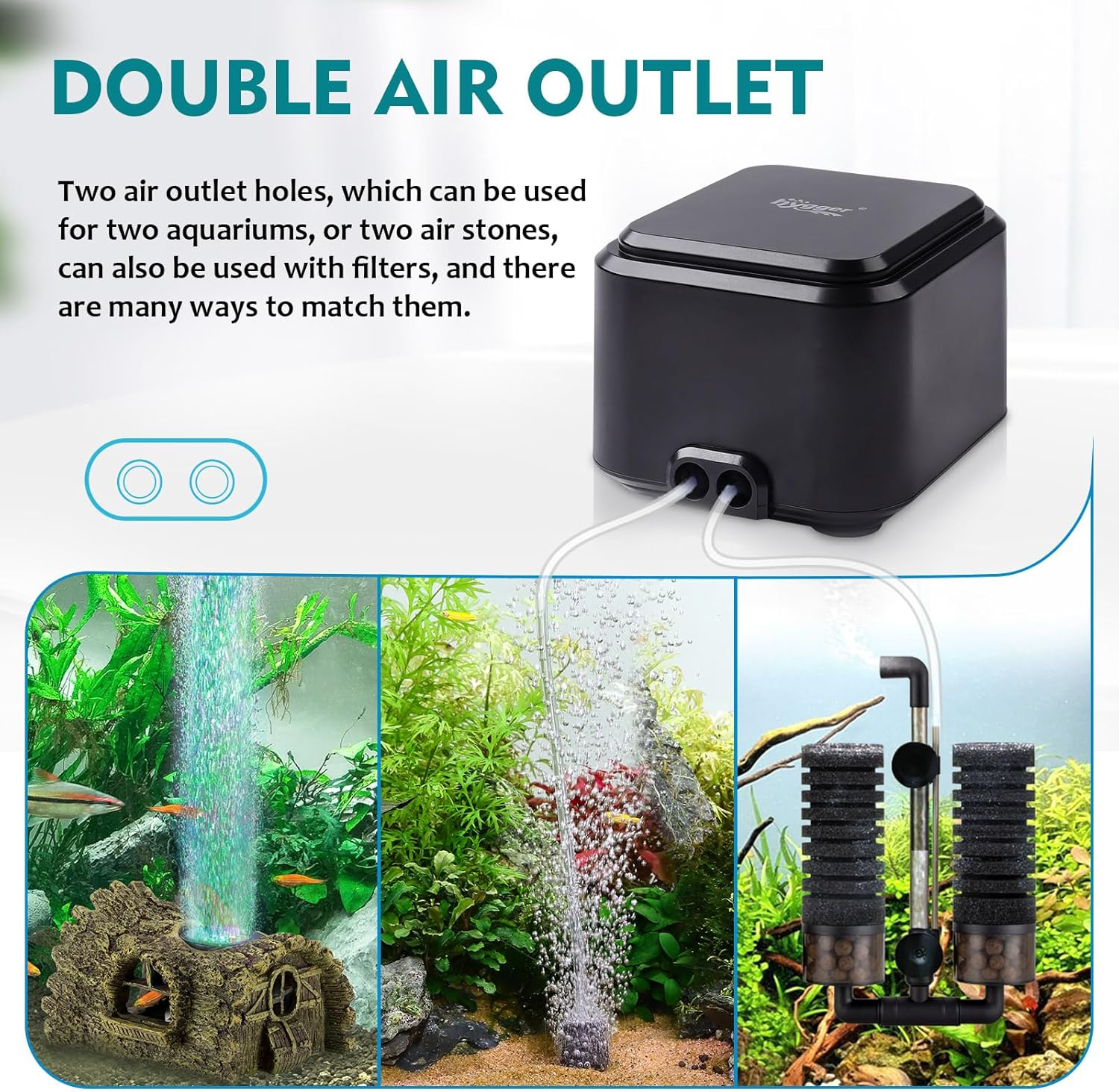 hygger quiet aquarium air pump producing less than 30dB, adjustable low decibel oxygen pump for fish tanks, compact and reliable