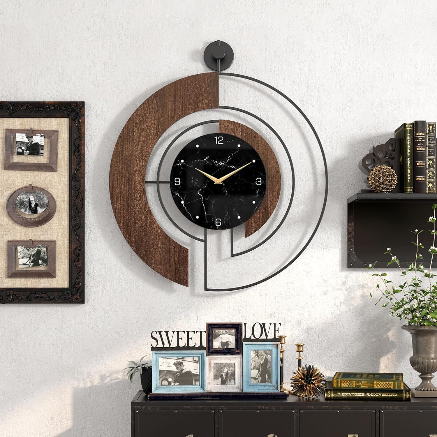 Modern walnut and marble dial wall clock with large wood and metal frame, silent movement by VIVIFLYSE.