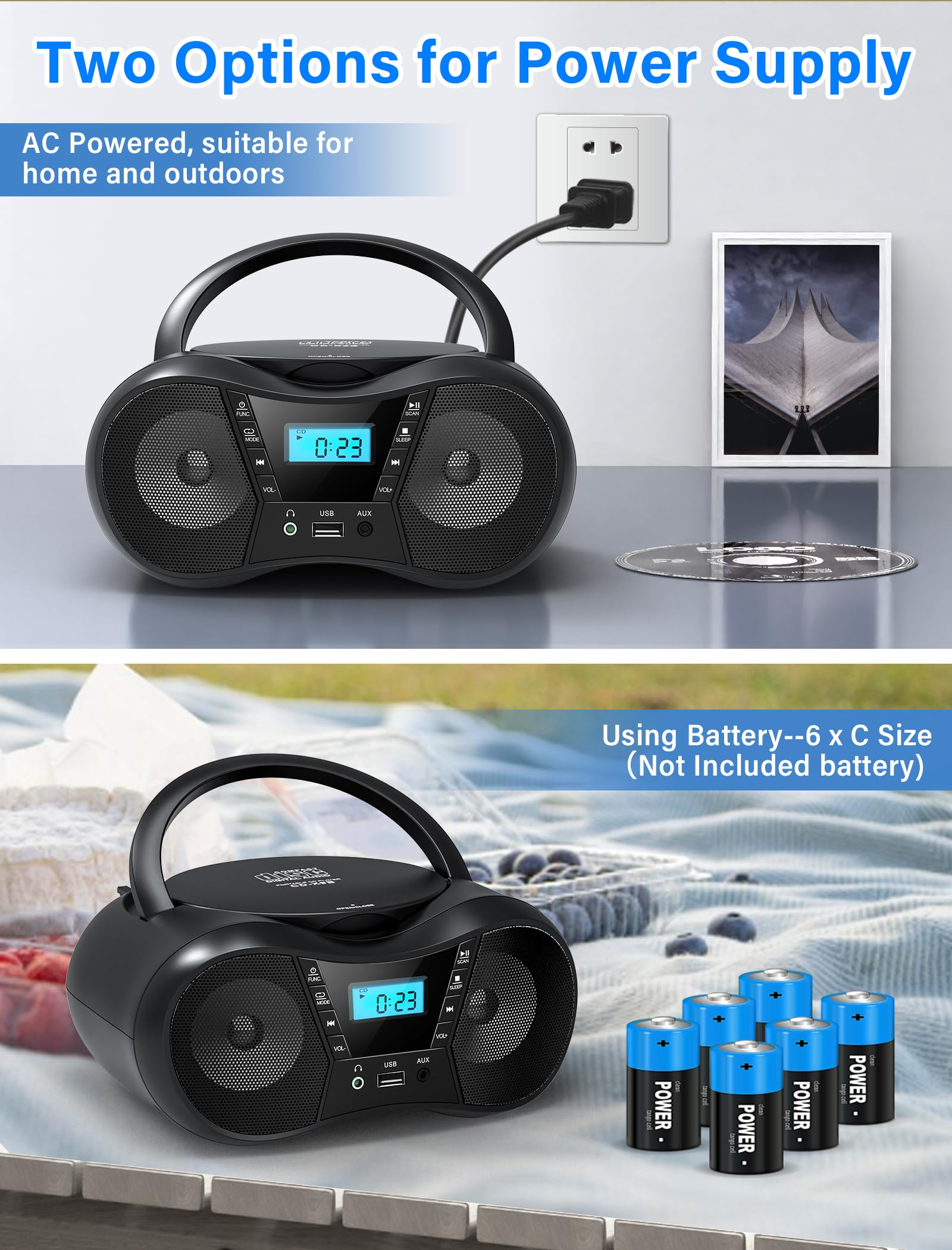 Greadio Portable Boombox CD Player with Bluetooth