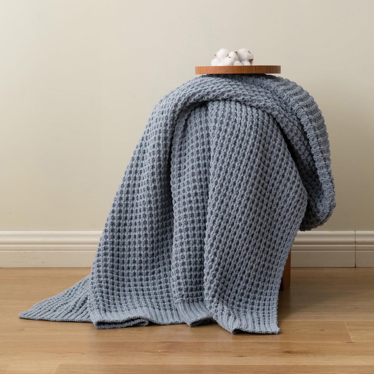 Blue Grey Throw Blanket for Couch Waffle Knitted Throw - Bunnikins & Clover Official Imagery - 6