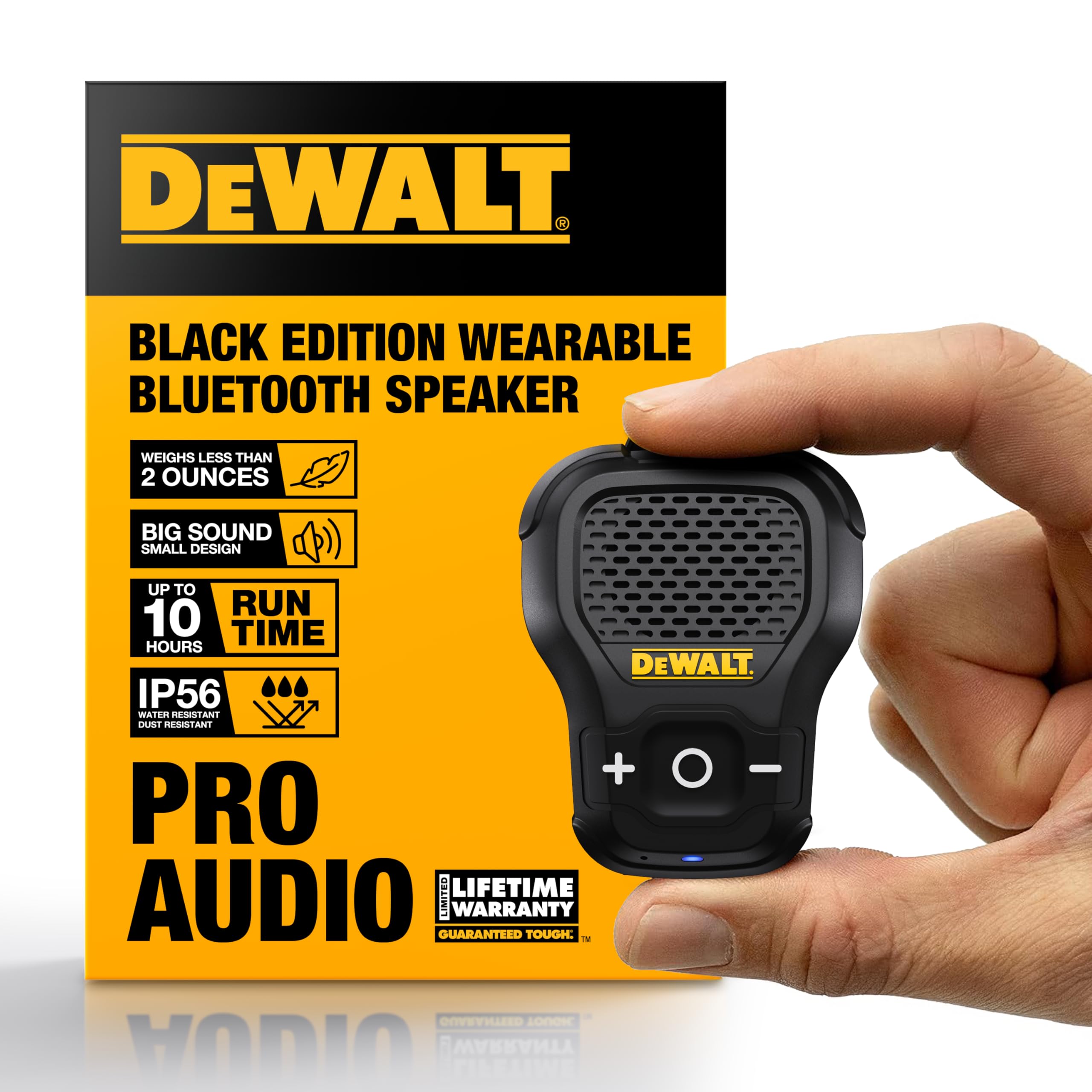 DEWALT Wearable Bluetooth Speaker [Onyx Edition - Black] Clip-On - Product Imagery