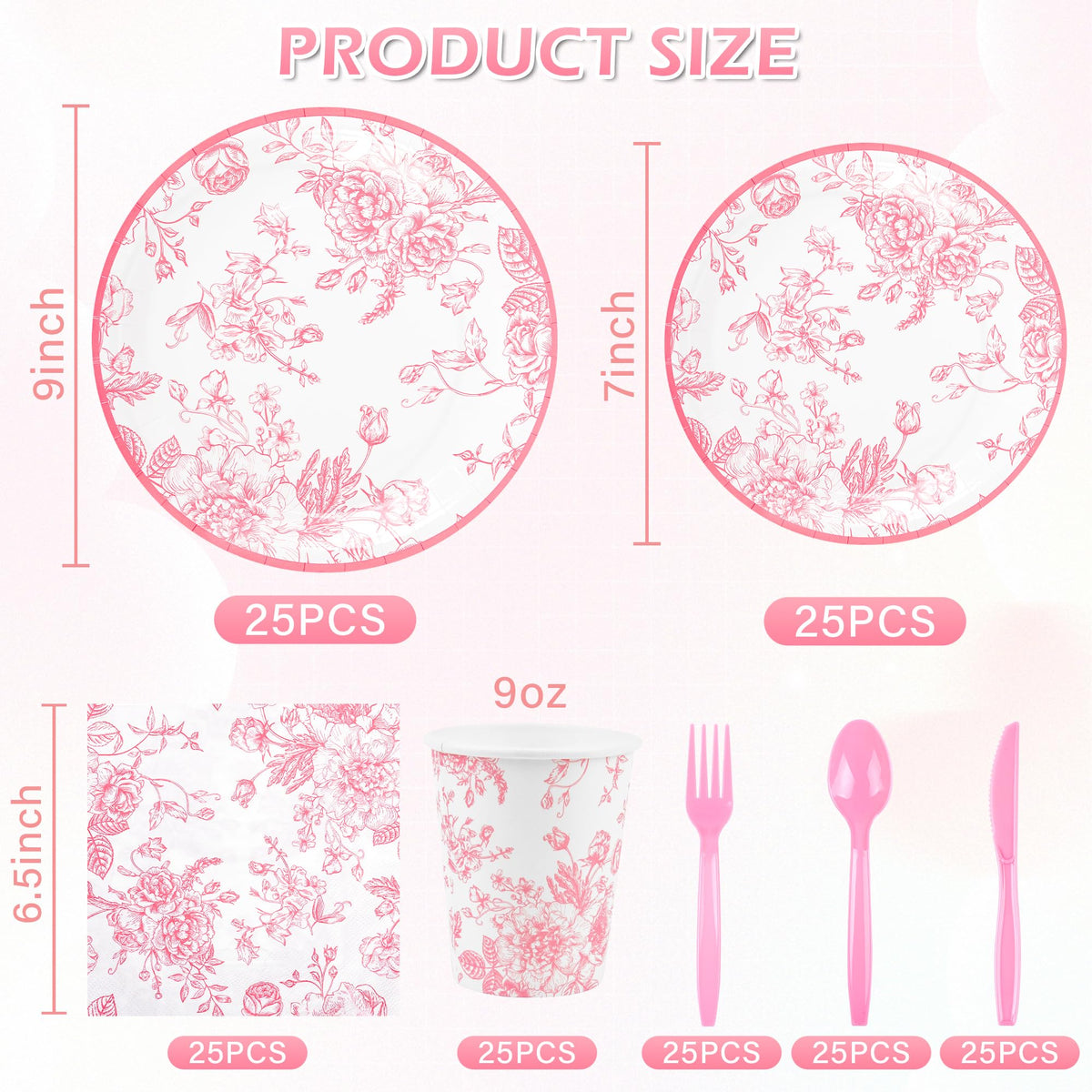 175Pcs Pink Floral Paper Plates and Napkins 25 Guests Pink - Elyxio Official Imagery - 4