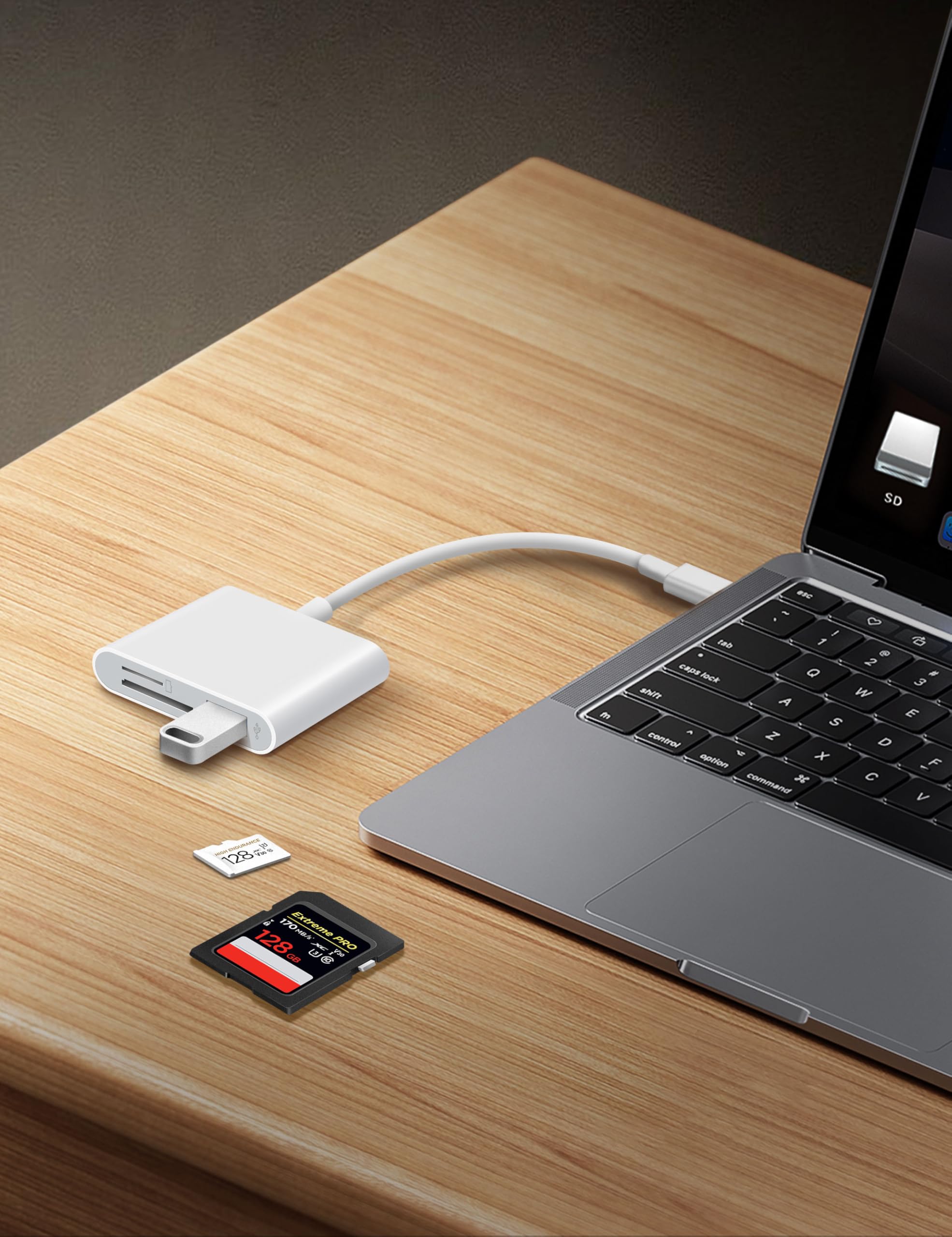 MujuDoler USB C SD card reader with dual slots and USB port for iPhone, iPad, MacBook, Android, and Type-C devices.