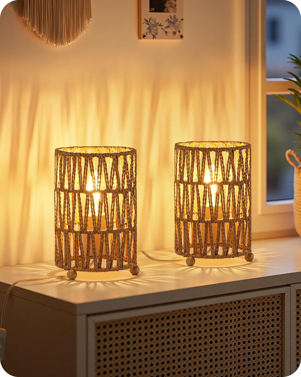 Boho Table Lamps Set of 2 Rattan Style Small Bedside Lamps - GOEBLESON Official Imagery - 1