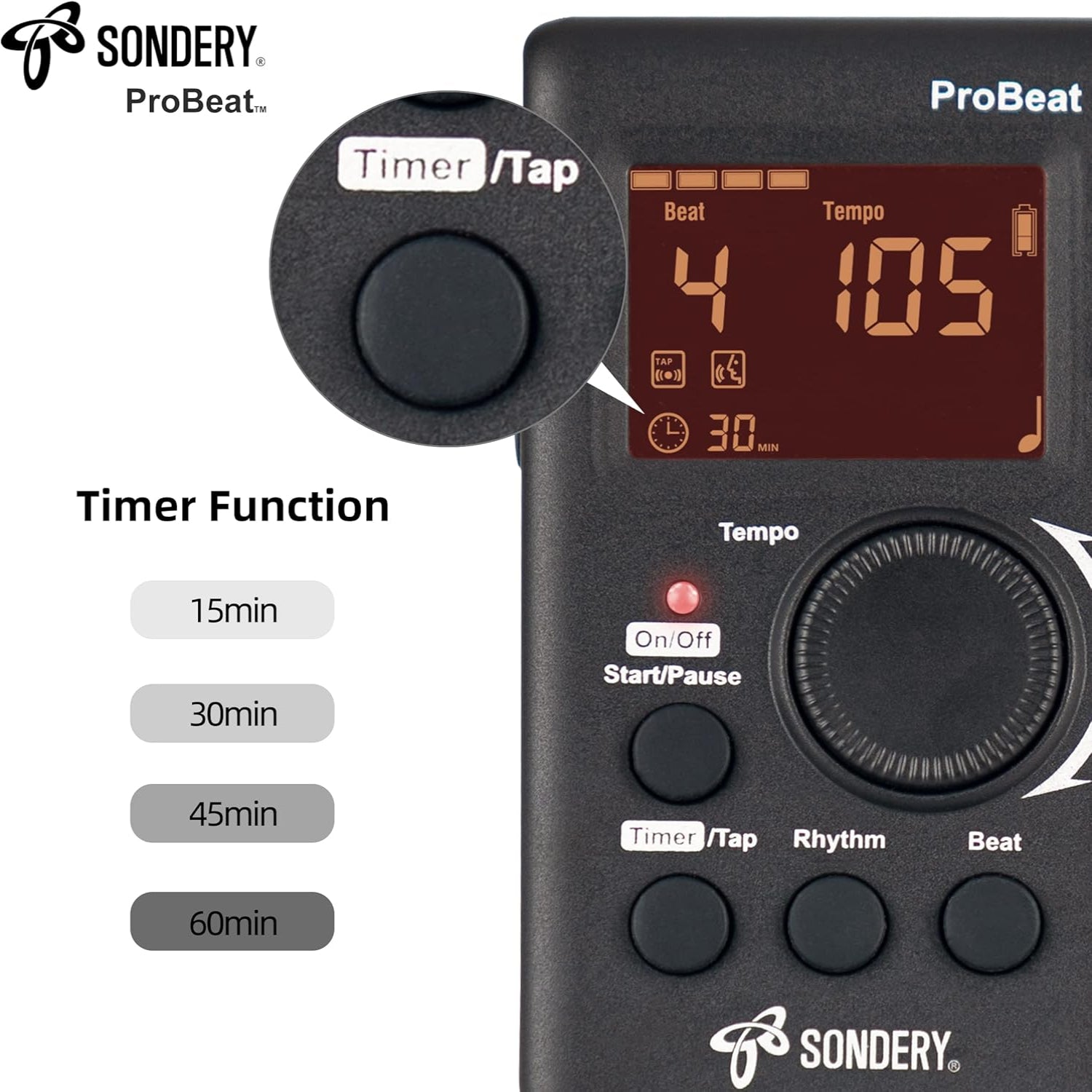 Sondery digital metronome with rechargeable battery, English vocal counting, and timer features, shown with display and controls.