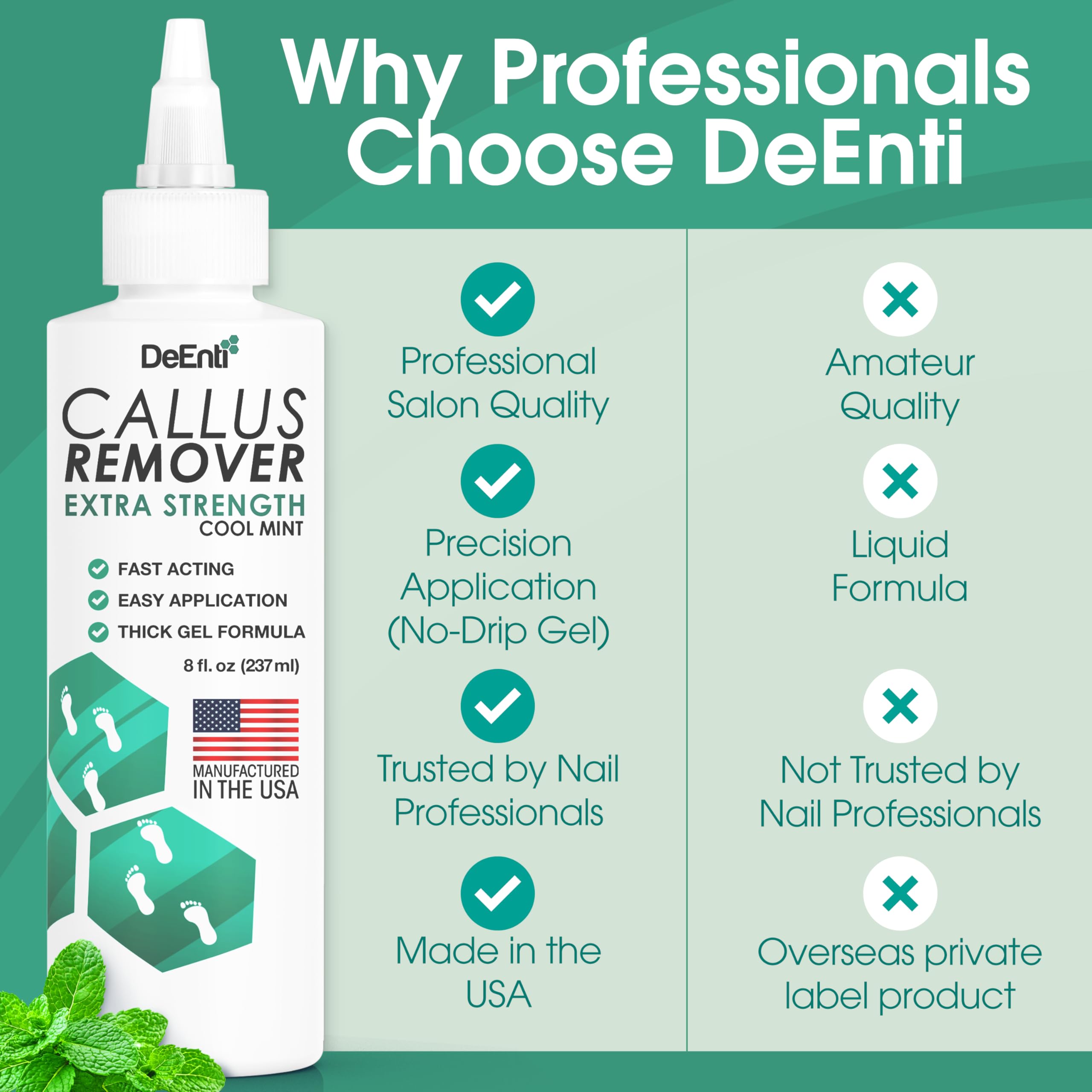 DeEnti Foot Callus Remover Gel in Cool Mint, 8oz, with a sleek tube showing the product for foot exfoliation and skin smoothing.