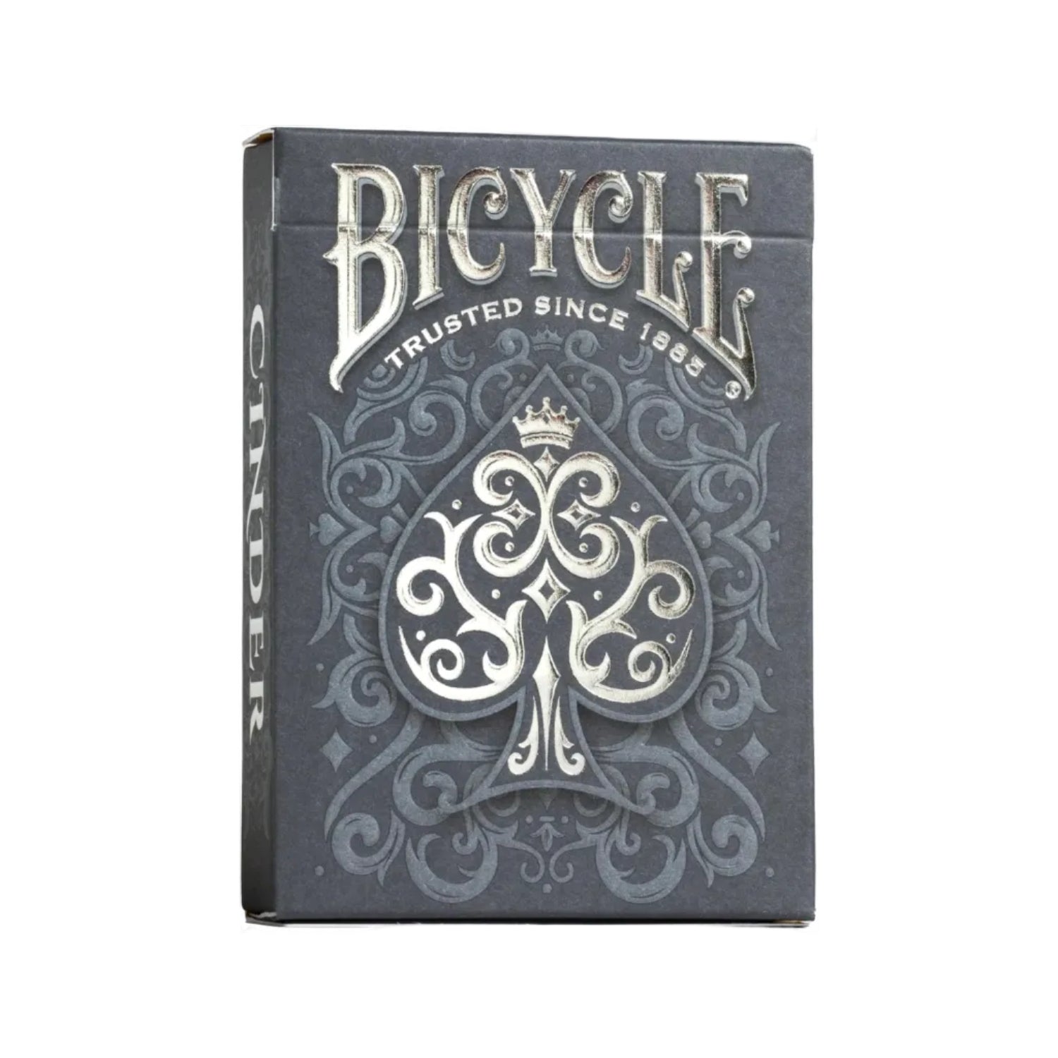 Bicycle Cinder Premium Playing Cards deck with silver smoke foil design, featuring standard playing card faces and back.