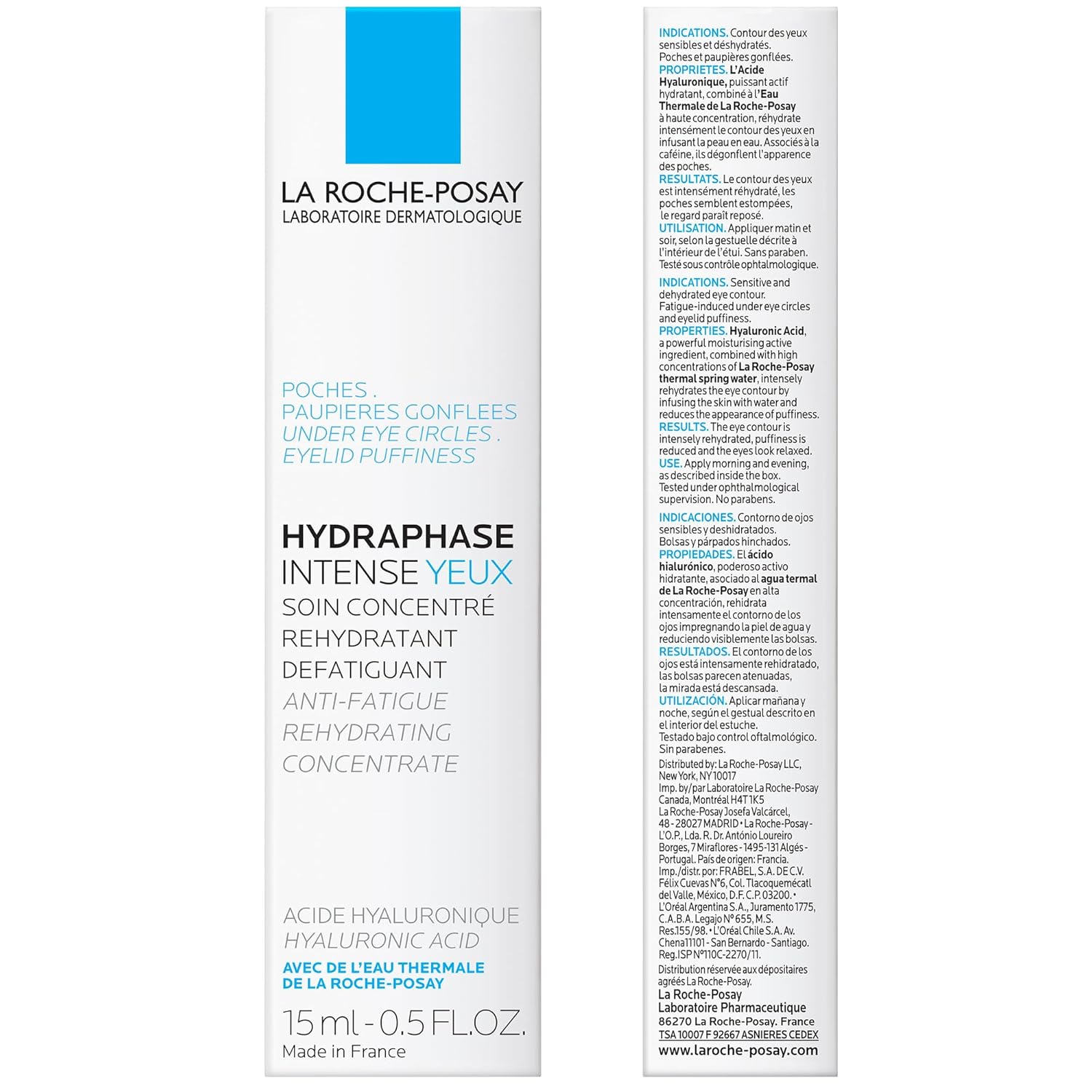 Elefair La Roche-Posay Hydraphase Intense Hyaluronic Acid Eyes, 0.5 fl oz, showing the eye cream tube with product packaging