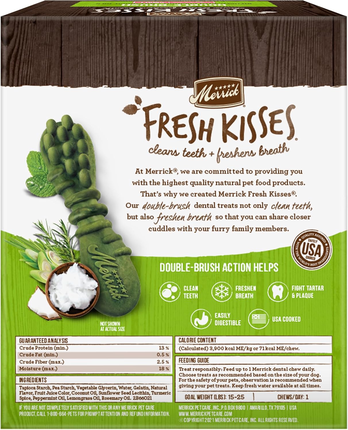 Merrick Fresh Kisses natural dental chews for small dogs, infused with coconut and botanical oils, 36-count box.