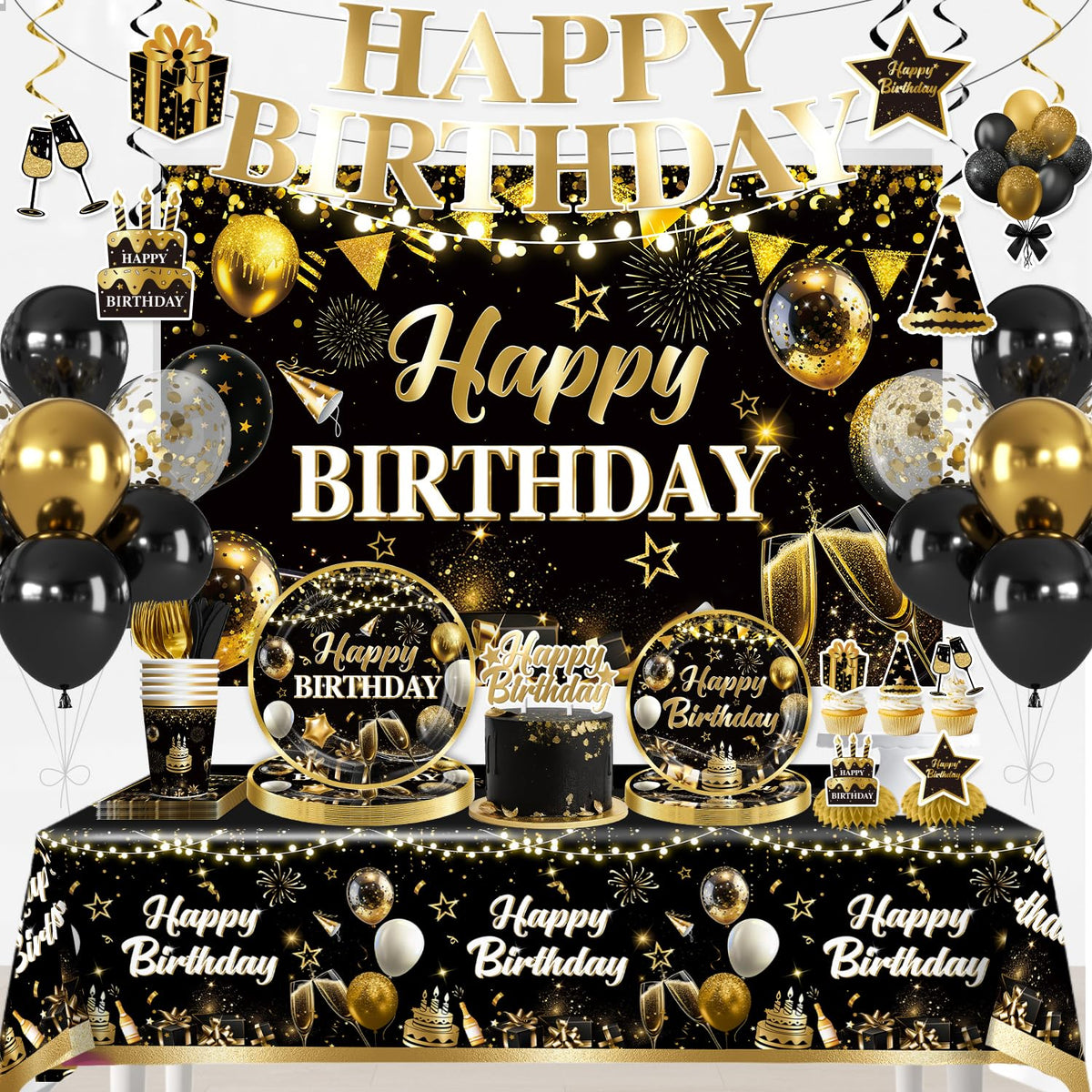 206pcs Black and Gold Birthday Decorations Men Set for 25 - Yingoto Official Imagery - 1