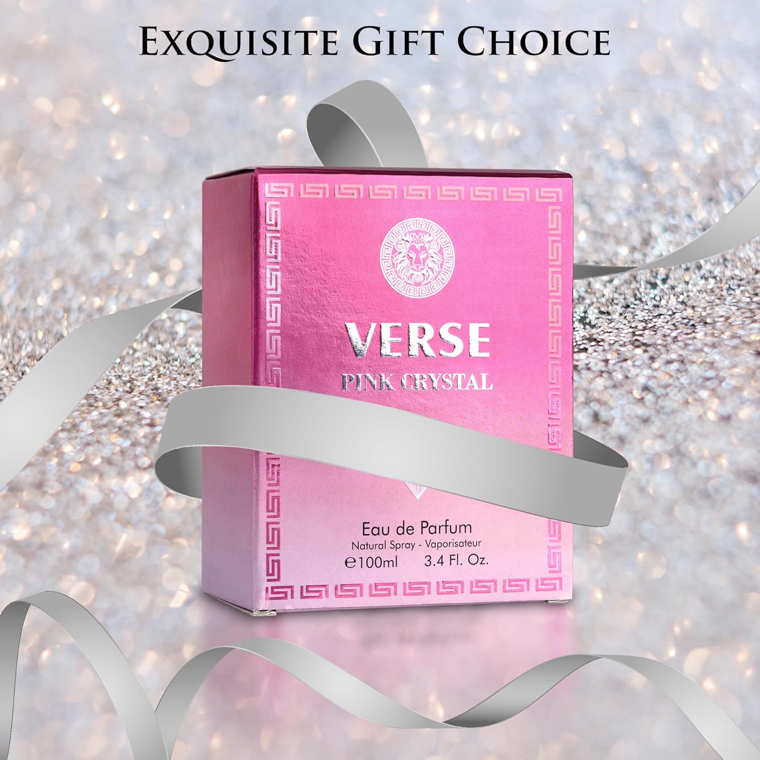 NovoGlow Verse Pink Crystal Eau De Parfum for Women featuring a sleek bottle with top notes of pomegranate and floral accents.