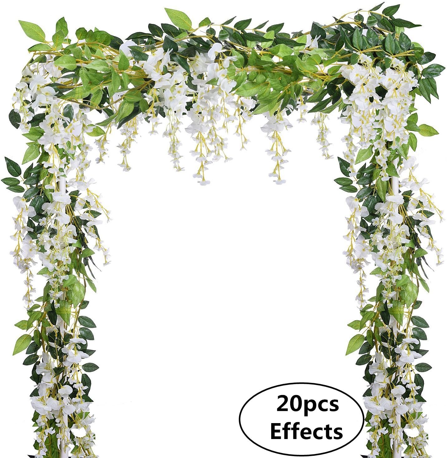 DearHouse 4-piece set of 6.6ft white silk wisteria artificial flowers, showing realistic white blossoms and green foliage.