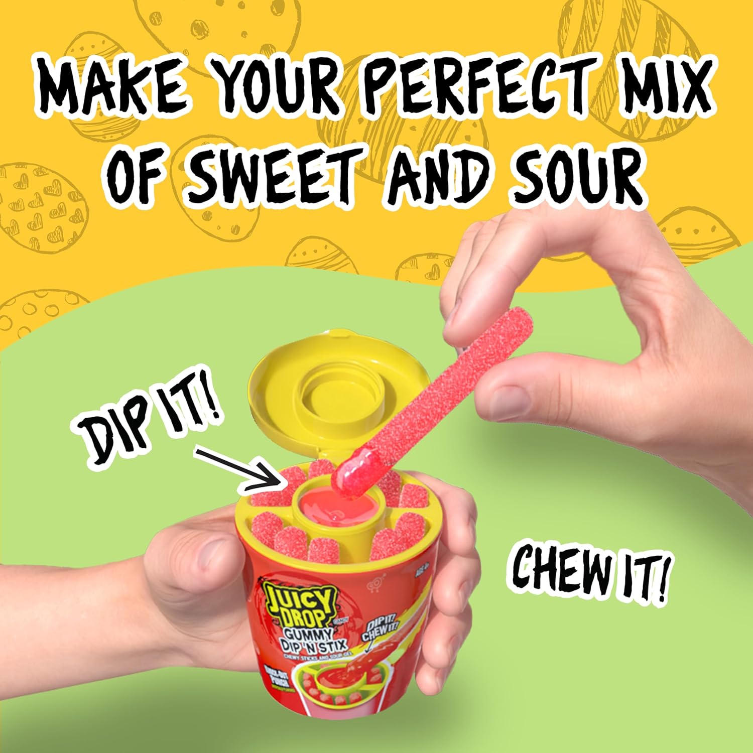 Juicy Drop Easter Sour Candy Dip N Stix variety pack with colorful candy sticks and sour dipping sauces for fun Easter treats.