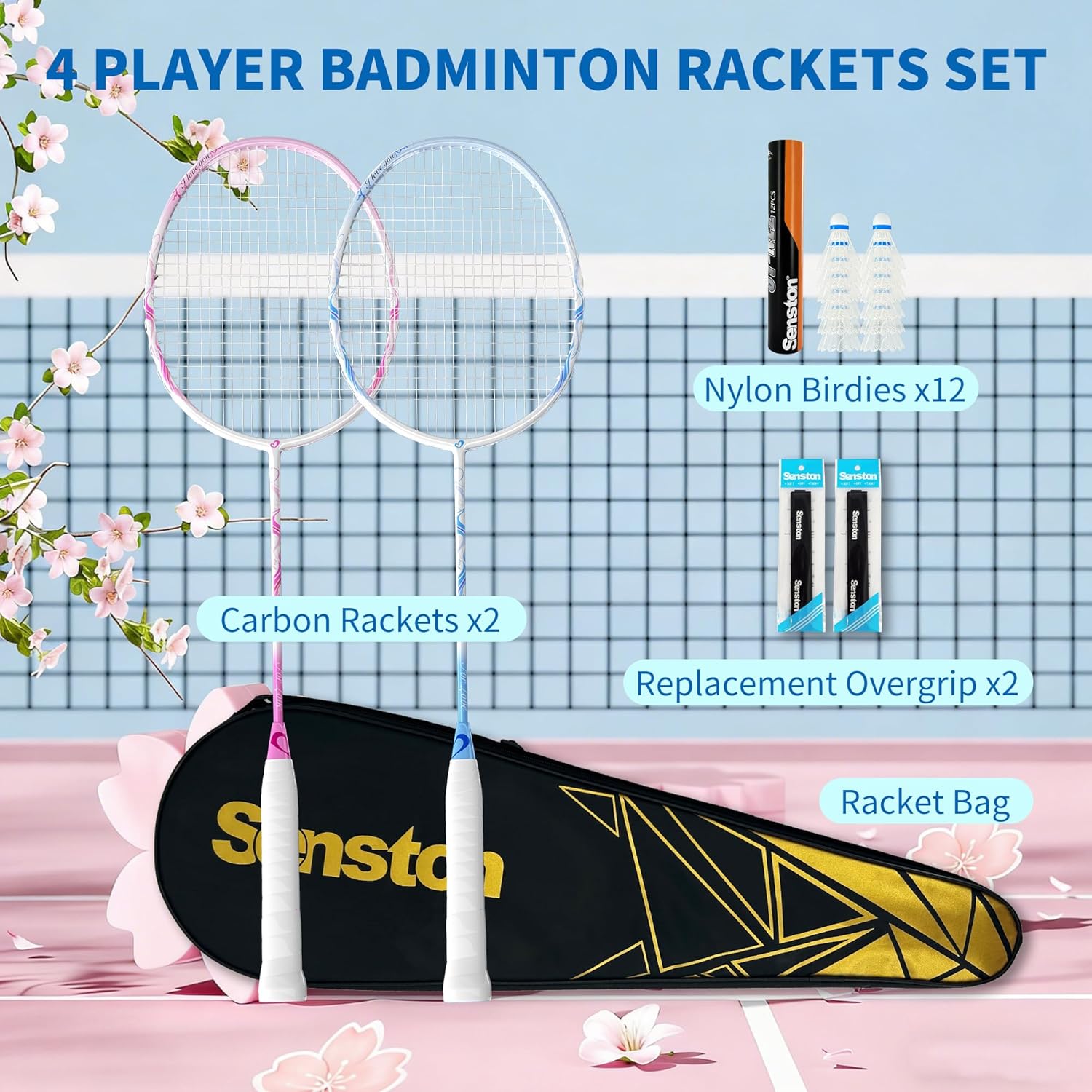 Senston 5U carbon fiber badminton racket set for two players, featuring lightweight rackets suitable for backyard play