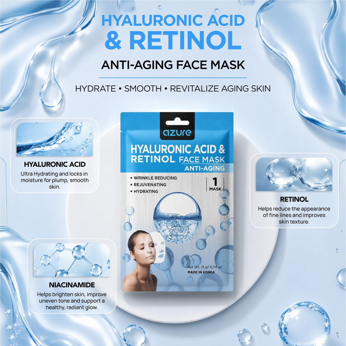 Retinol Hyaluronic Acid Firming Face Mask Dermatologist - Azure Cosmetics Official Product Imagery - 3