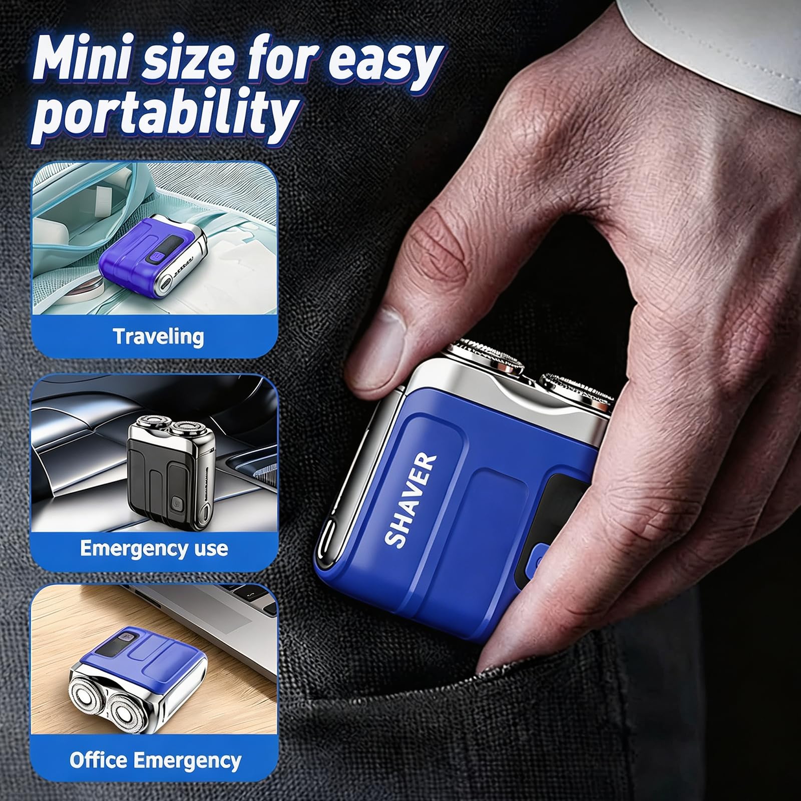 Rhycoma Mini Electric Shaver for Men, compact travel razor with a sleek design and dual foil shaving heads.