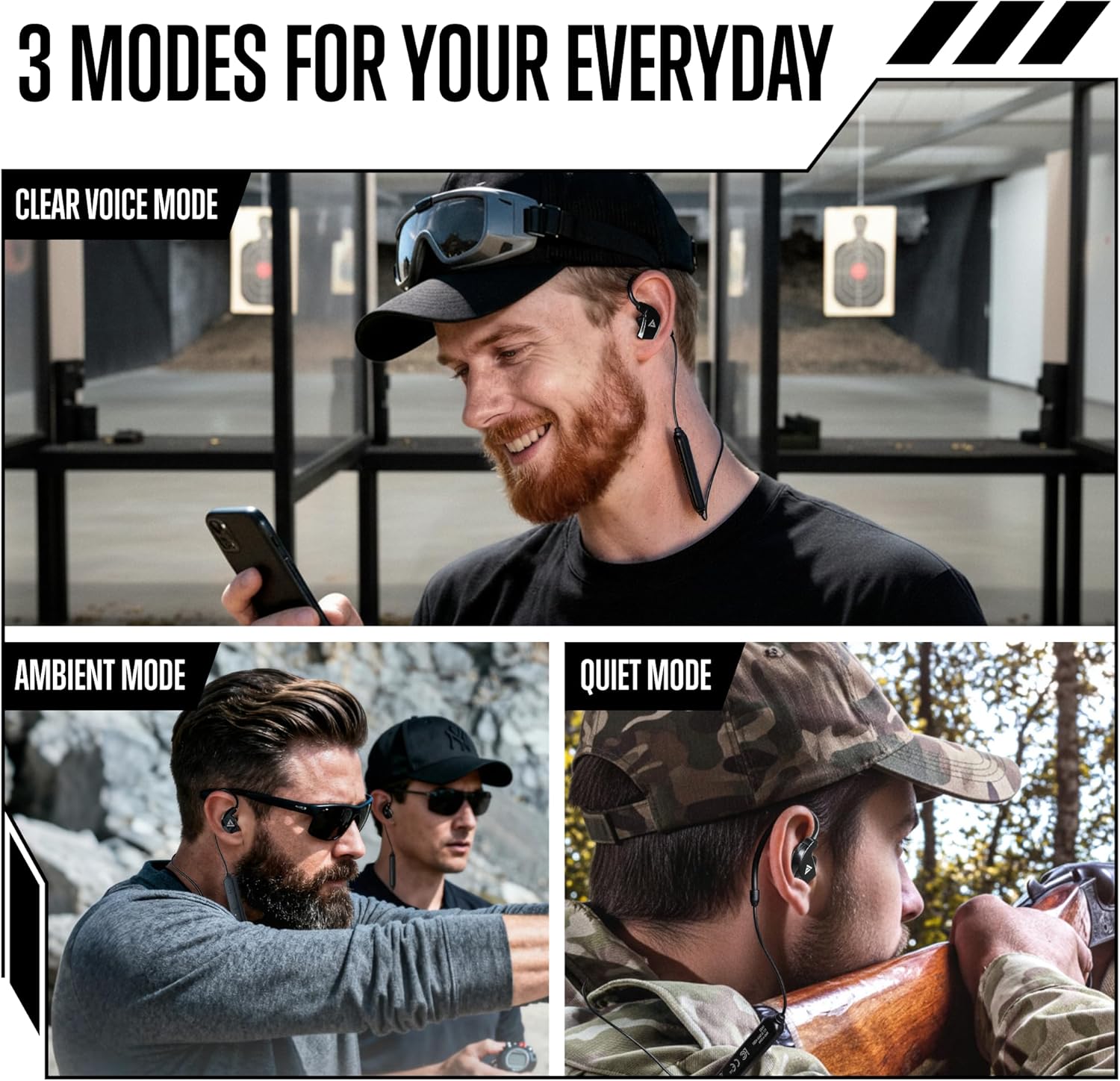 GLORYFIRE Bluetooth shooting ear protection earplugs in matte black with wireless earbuds and noise-canceling features.