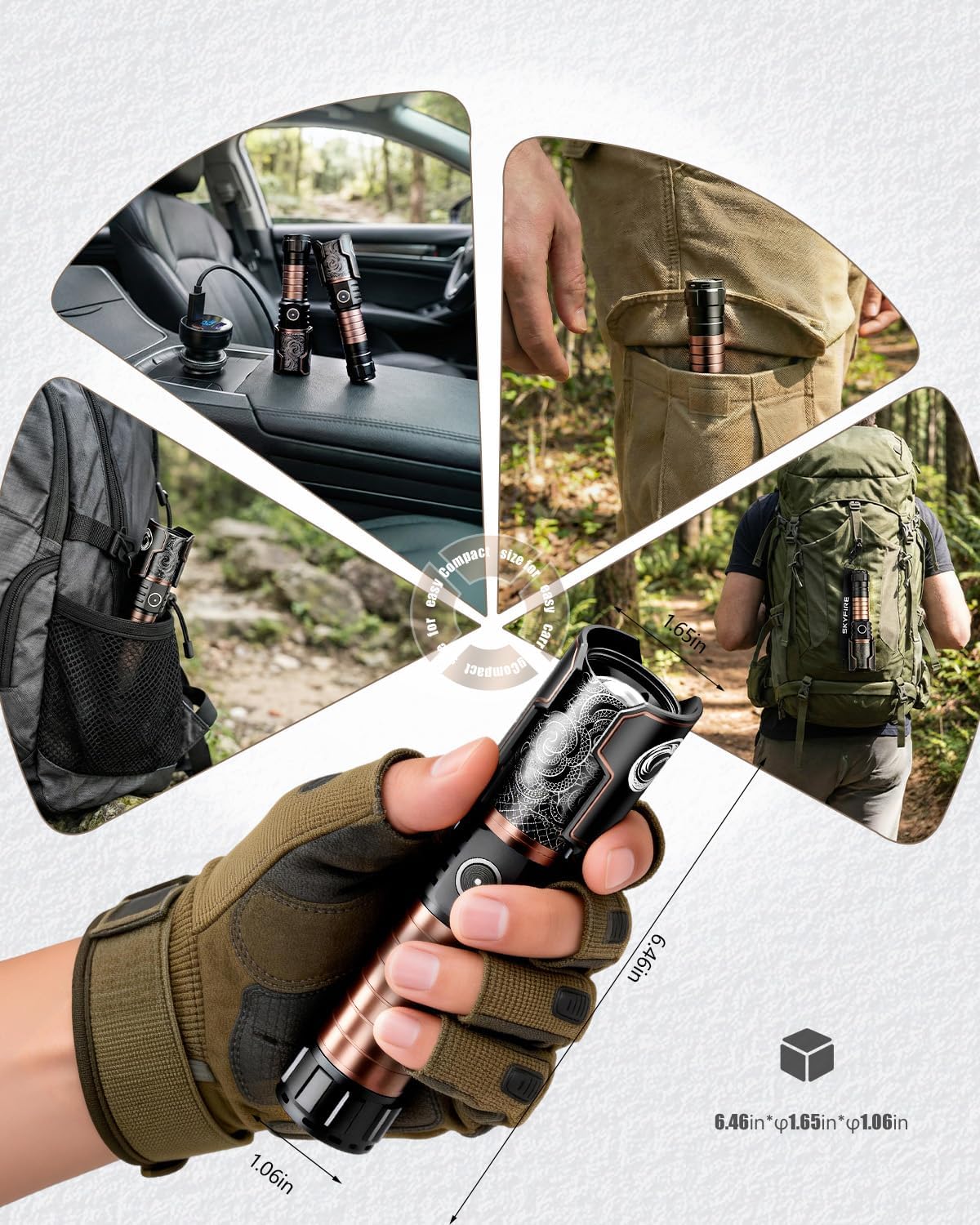 SKYFIRE rechargeable LED flashlight with high lumens, tactical design, compact and durable for outdoor and emergency use