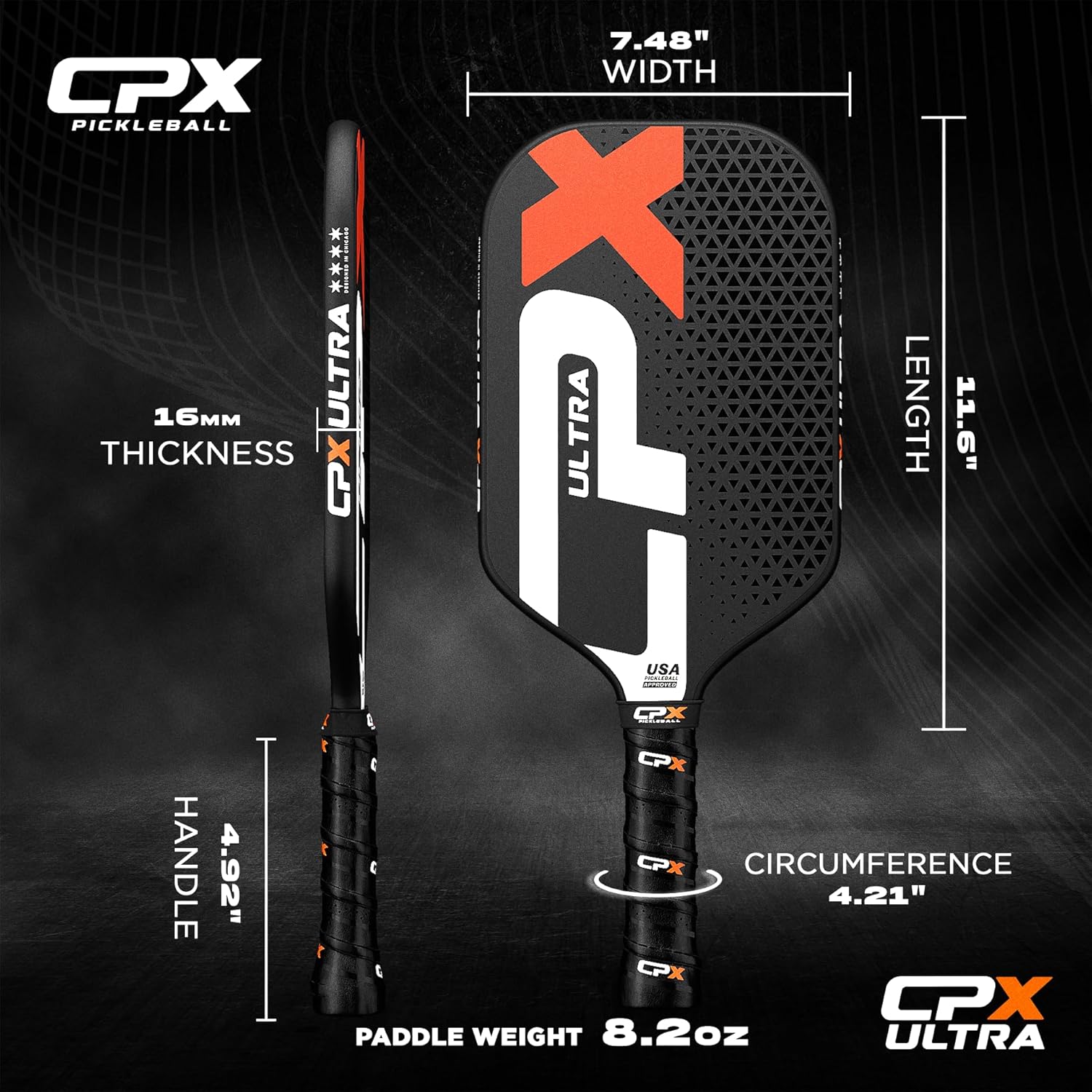 CPX Ultra Series fiber-reinforced pickleball paddle with textured surface and ergonomic handle for enhanced grip and control.