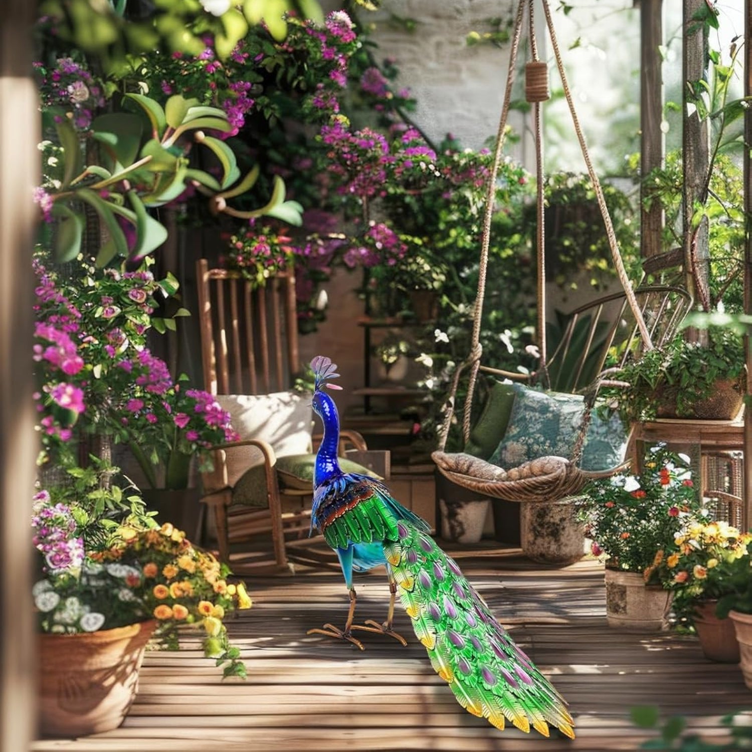 YEAHOME outdoor garden decor statue of a large 24.4-inch metal peacock standing in a garden setting