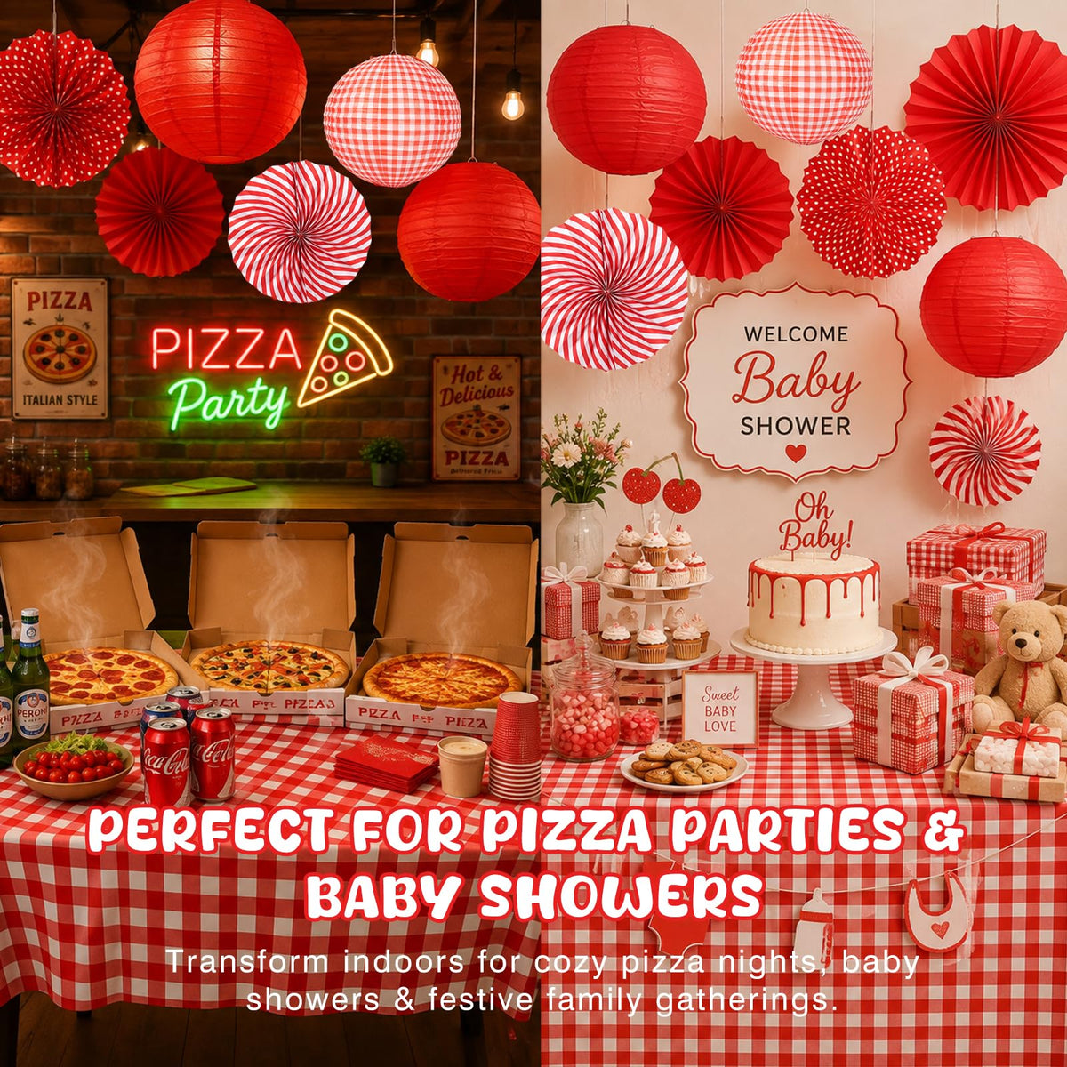 12 Pcs Red and White Checkered Paper Lanterns Set with - LuxDuo Official Imagery - 6