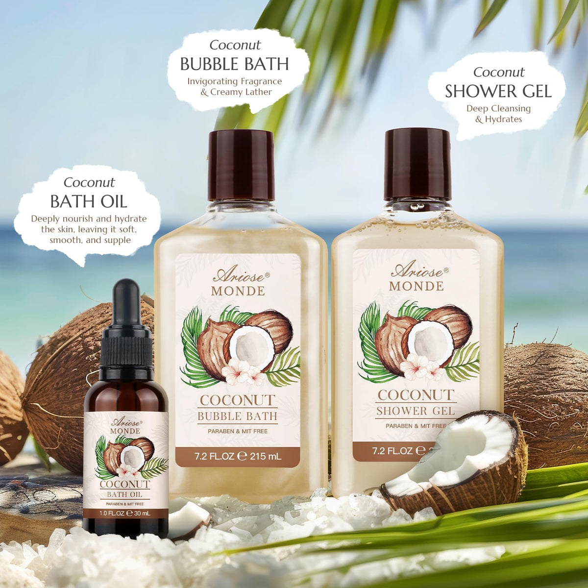 Gift Baskets for Women 9pcs Coconut Bath Set Spa Self Care - ArioseMonde Official Imagery - 3