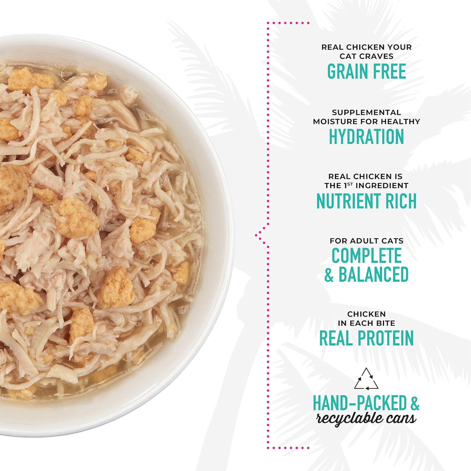 Tiki Cat Luau shredded chicken and egg recipe in chicken broth, 6 oz cans, pack of 8, featuring fresh cat food with chunks of meat.