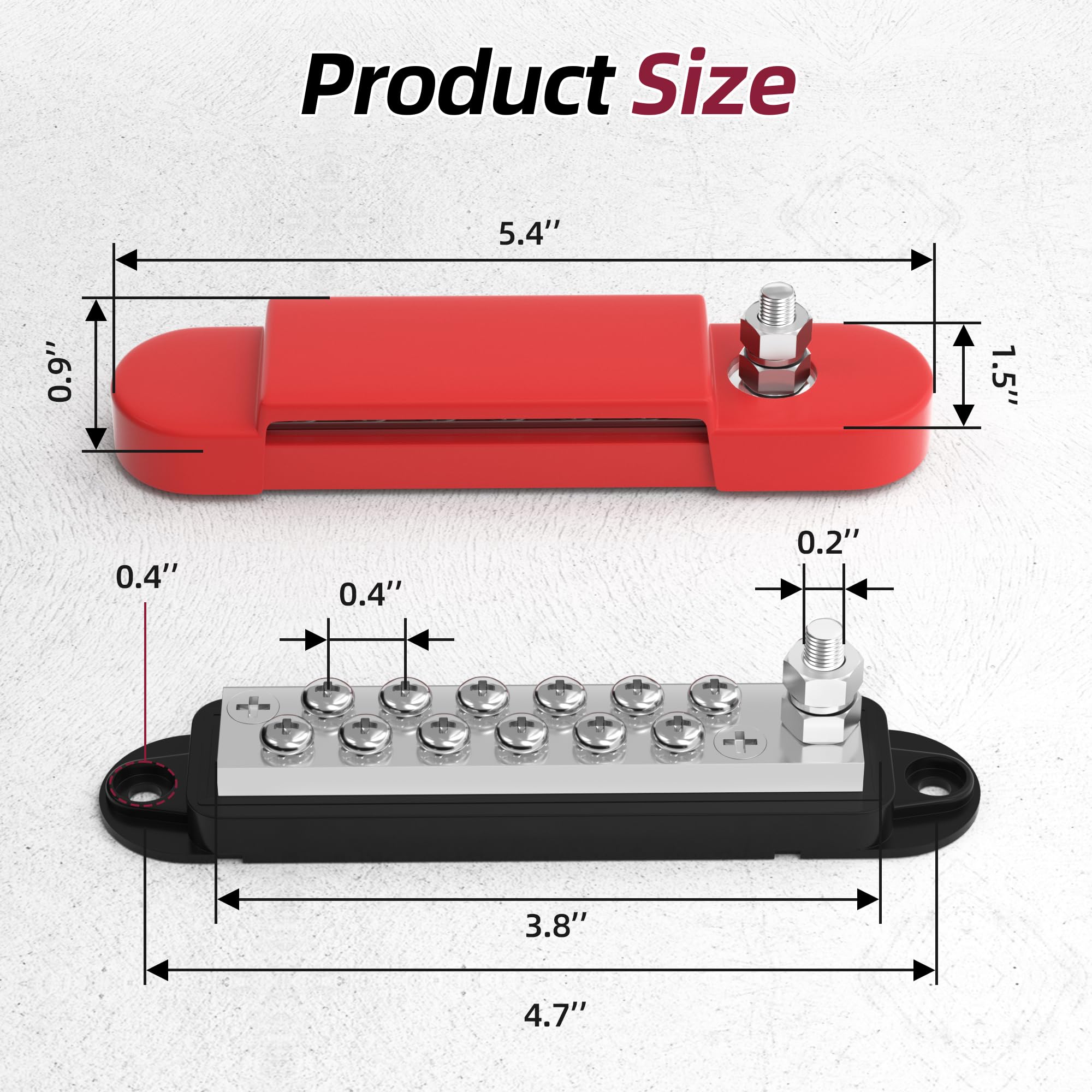 RVBOATPAT 12V power distribution terminal block with 1/4" stud, 150A marine bus bar for boat, automotive, and solar wiring systems.