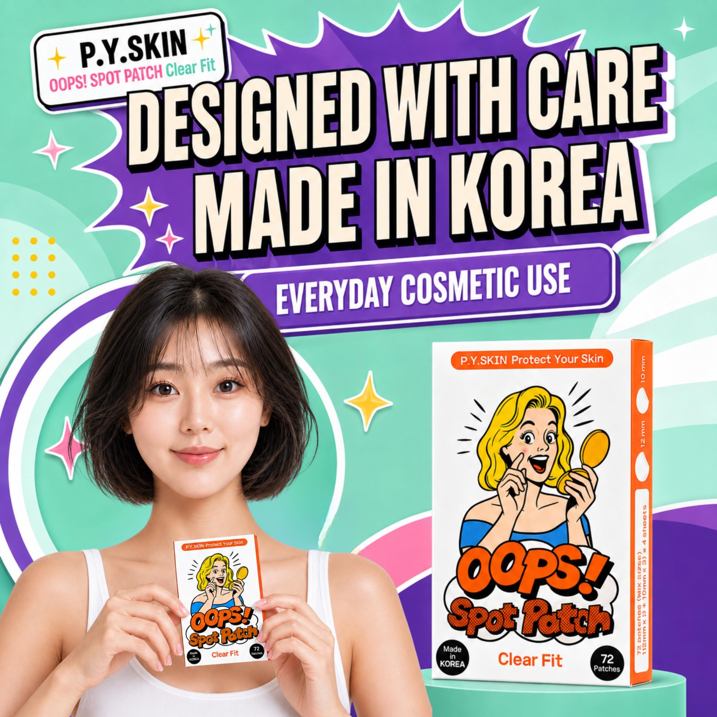 OOPS! Spot Patch Clear Fit, Hydrocolloid Pimple Cover Patch, 72 - P.Y.SKIN