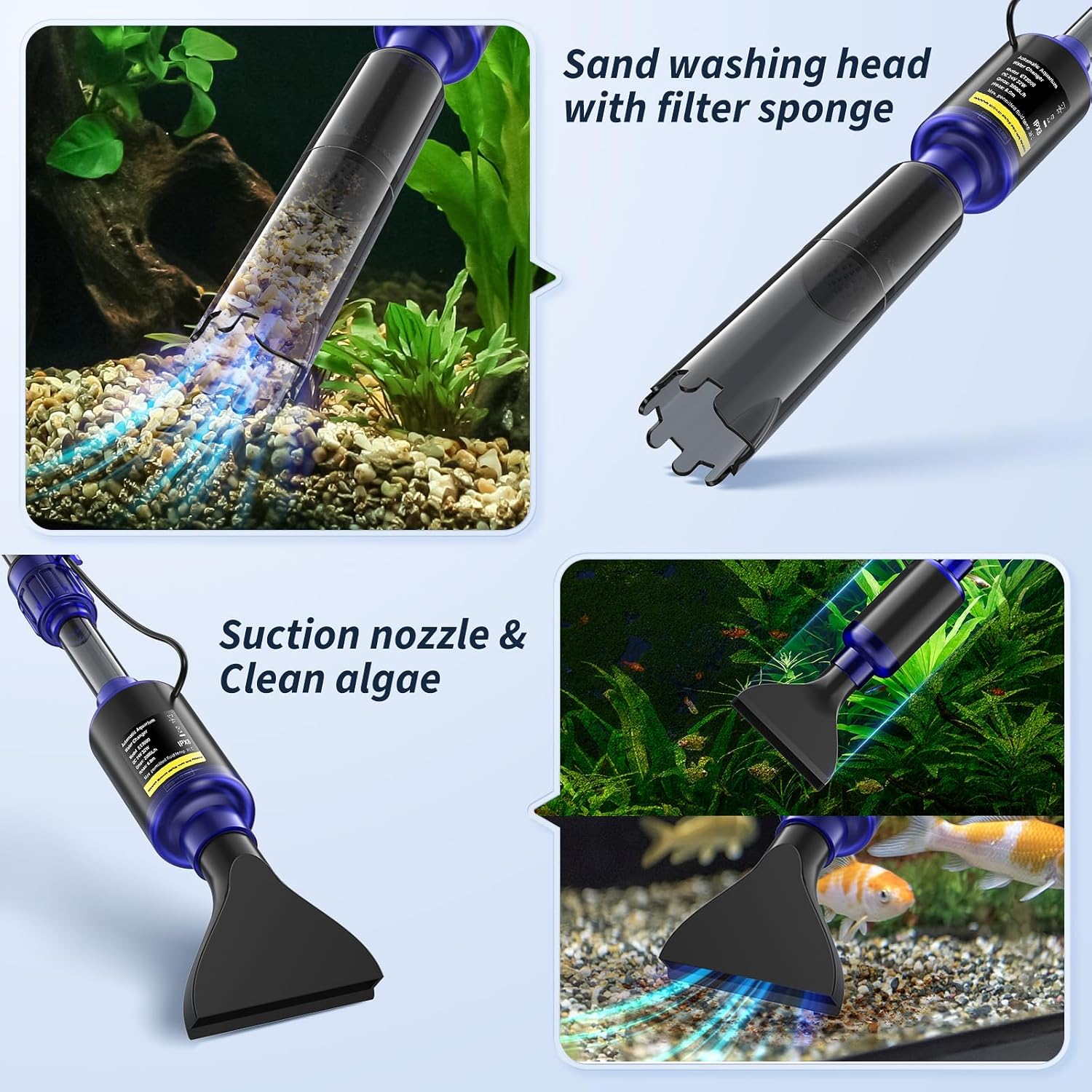 Mildhug electric fish tank cleaner with gravel siphon, 530GPH flow rate, designed for aquarium cleaning and gravel maintenance.