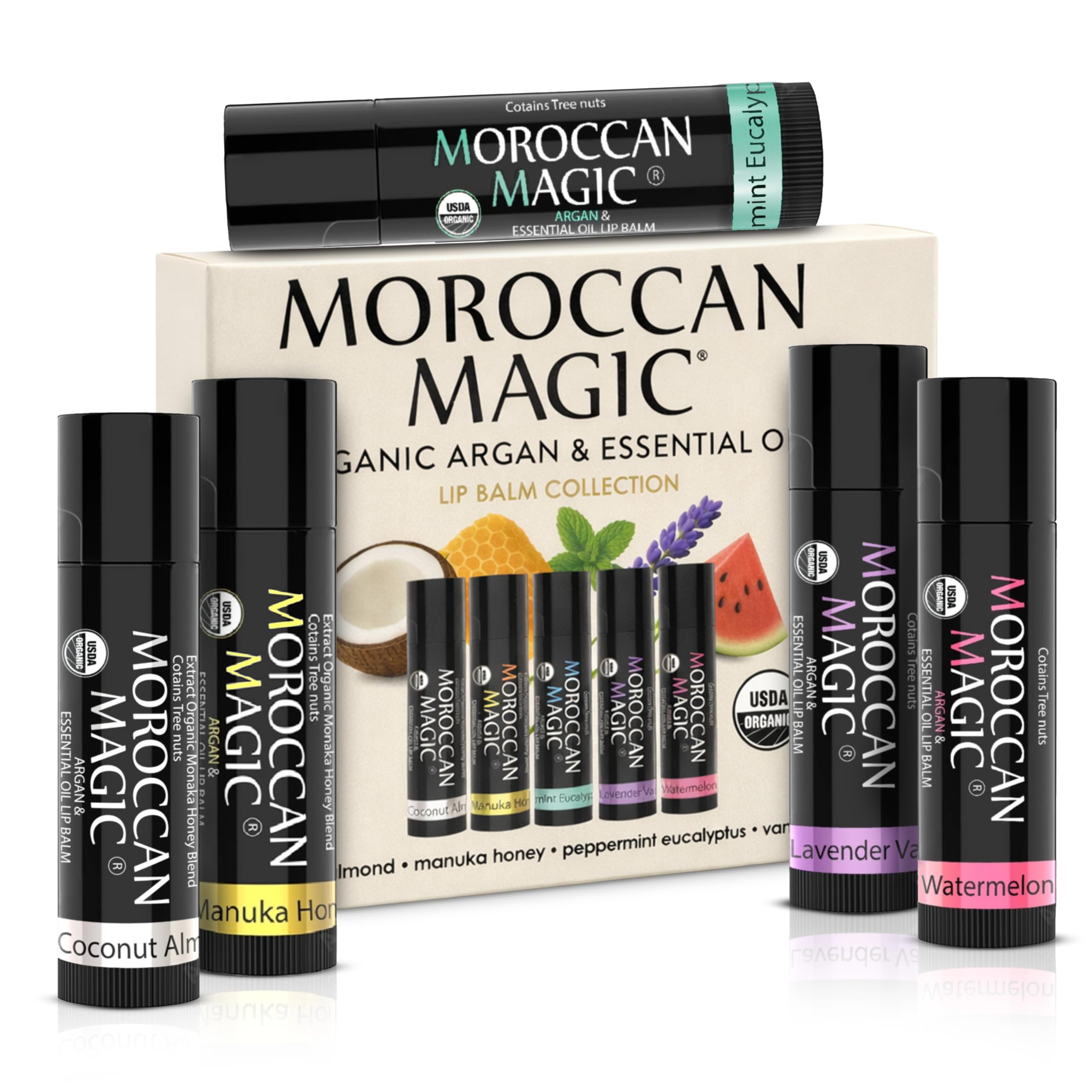 Moroccan Magic Organic Lip Balm 5 Piece Variety Pack Gift Set | Ultra-Hydrating Argan & Essential Oil Lip Moisturizer + Vitamin E | Smooth | Natural | Non-Toxic | Cruelty Free | 5 Pack - Moroccan Magic Official Product View 2