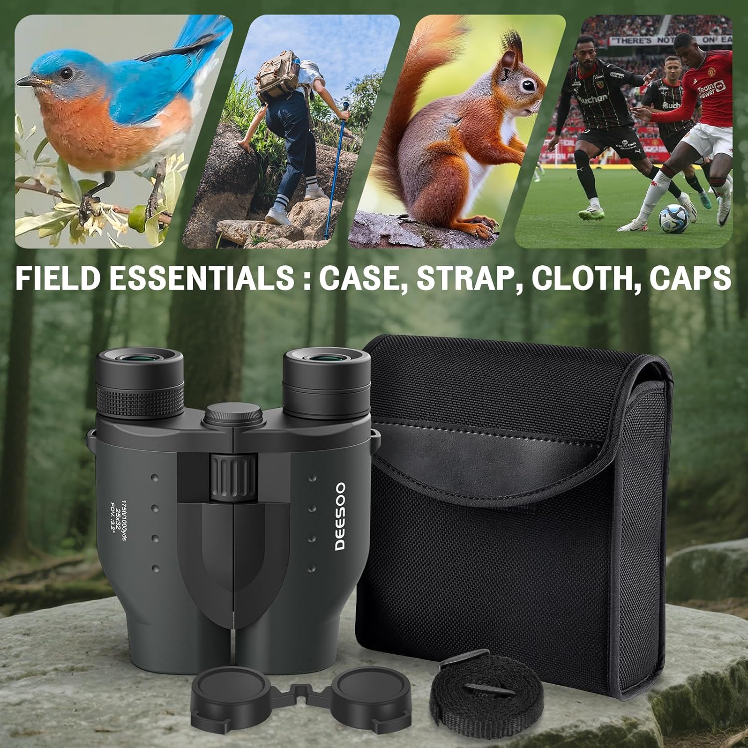 Deesoo compact 25x32 binoculars for adults and kids, high-powered bird watching binoculars with adjustable focus and ergonomic design