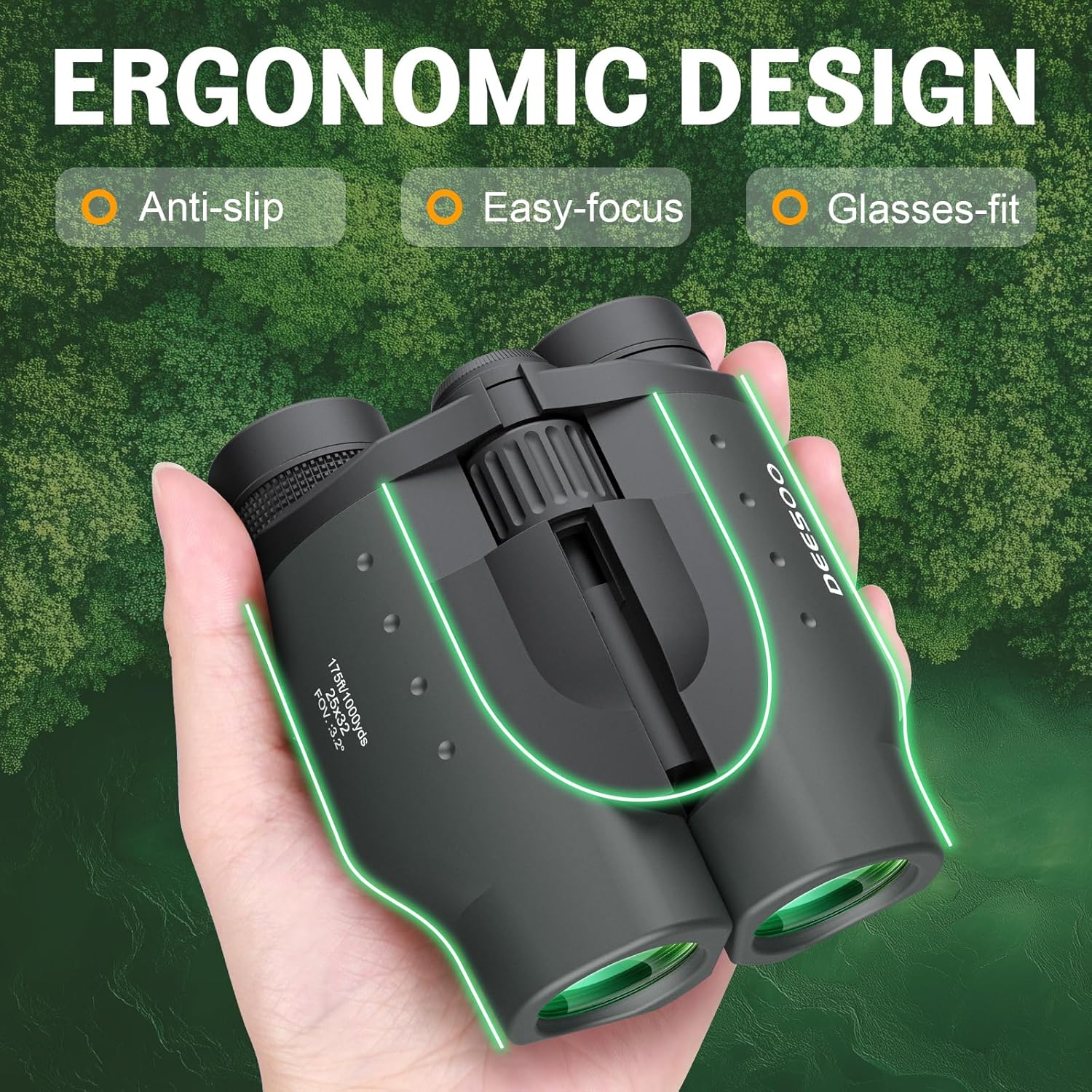 Deesoo compact 25x32 binoculars for adults and kids, high-powered bird watching binoculars with adjustable eyepieces and focus.