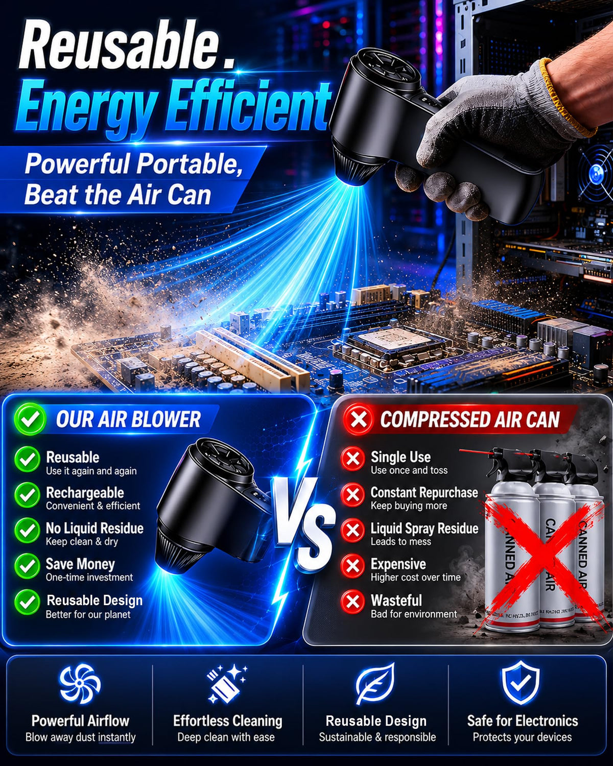Compressed Air Duster 180000RPM Rechargeable Cordless - HTAIER Official Imagery - 3