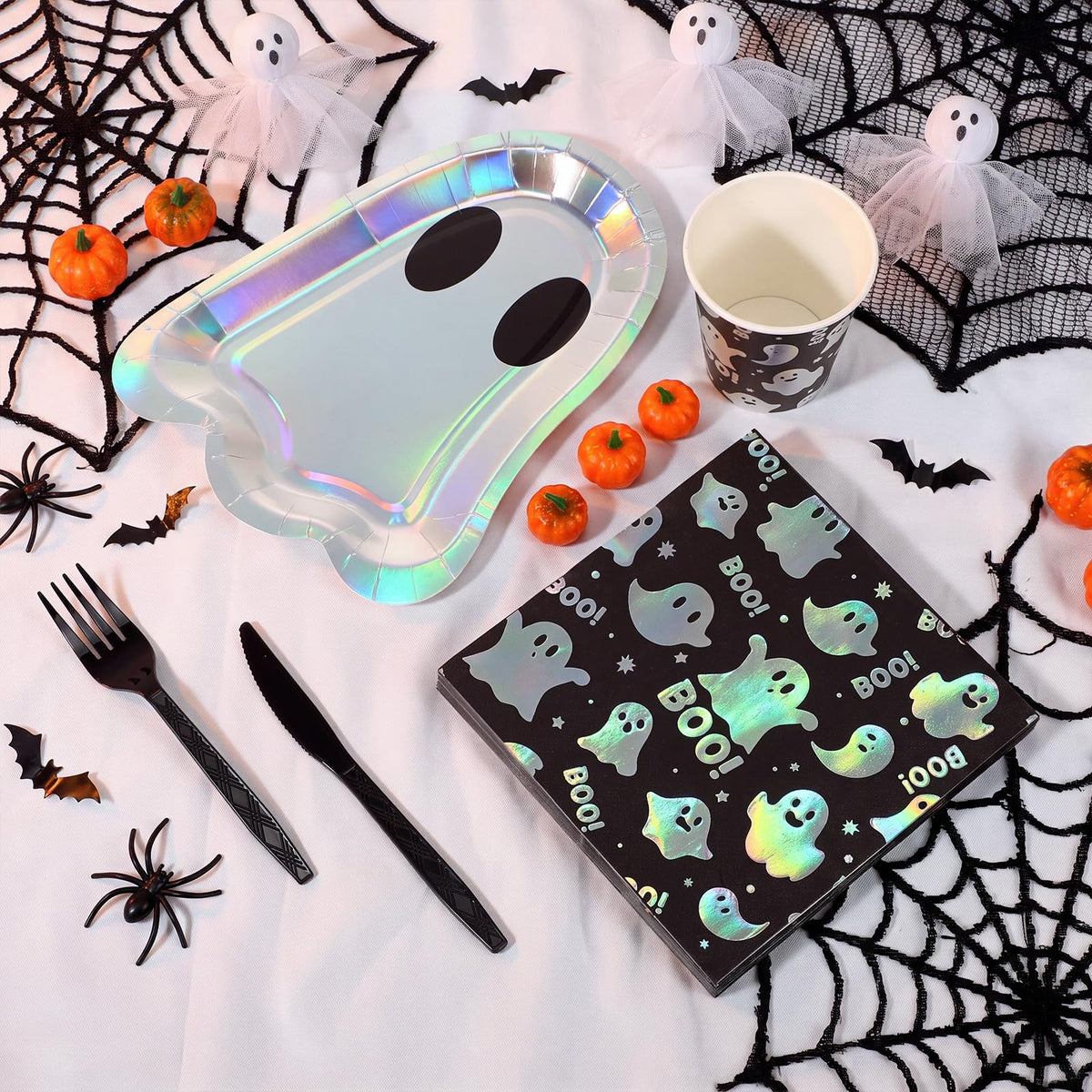 120 Pcs Halloween Ghost Paper Plates Boo Napkins Tableware - Yungyan Official Imagery - 3