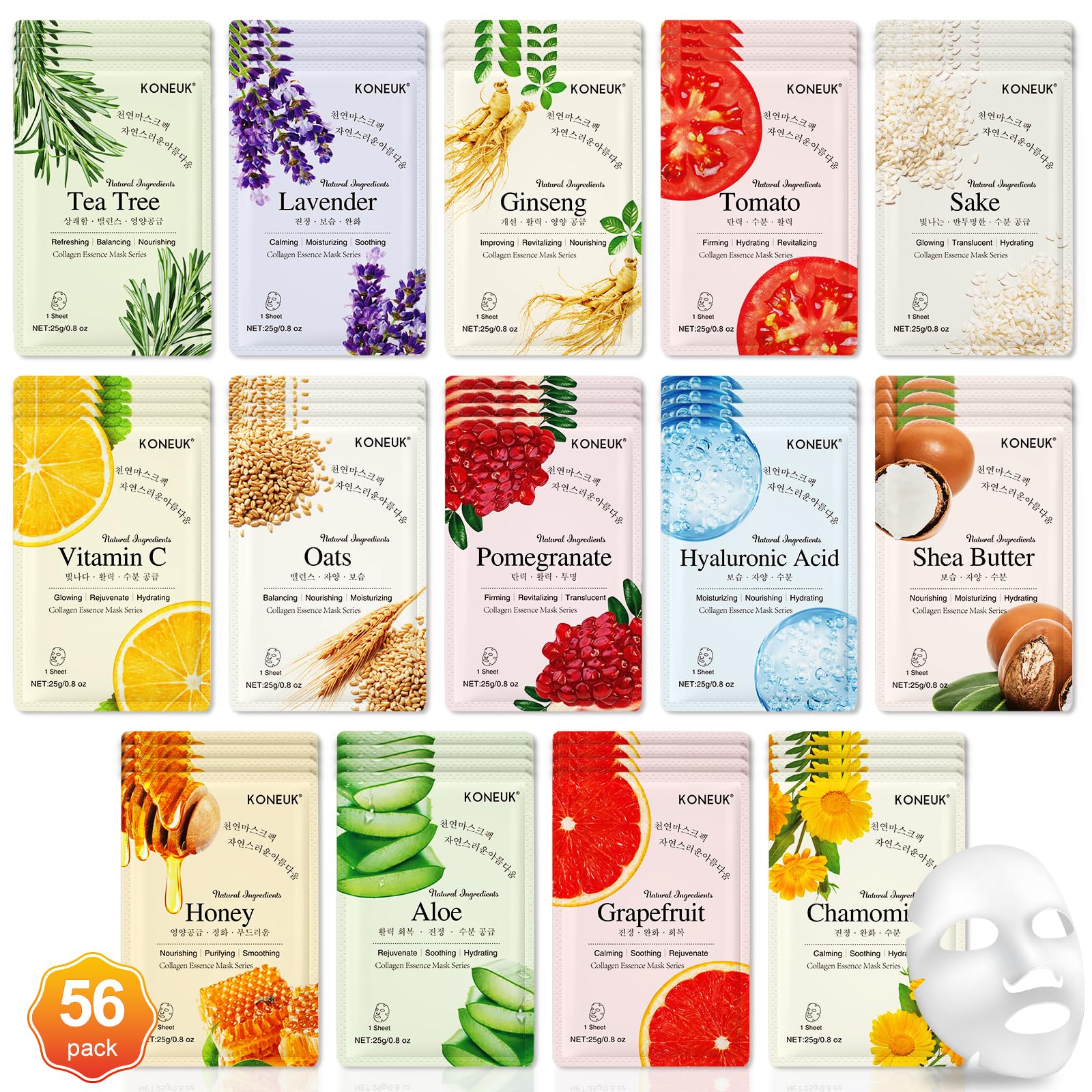 KONEUK 14 Pack Sheet Face Masks Skincare, Hydrating Face Masks - KONEUK