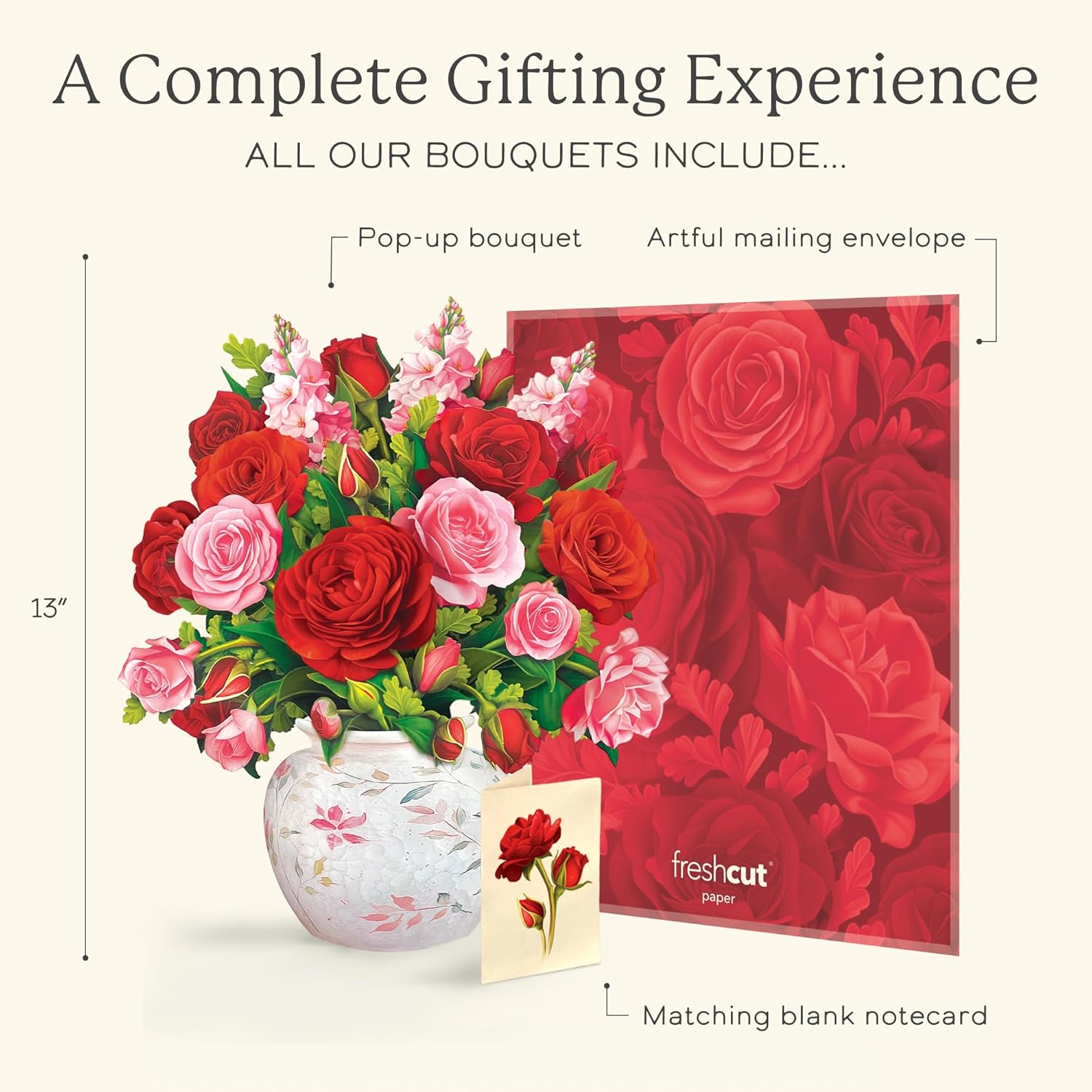 Freshcut Paper Blooming Roses 13-inch 3D pop-up card featuring vibrant roses, ideal for anniversary, Valentine’s Day, and Mother’s Day.
