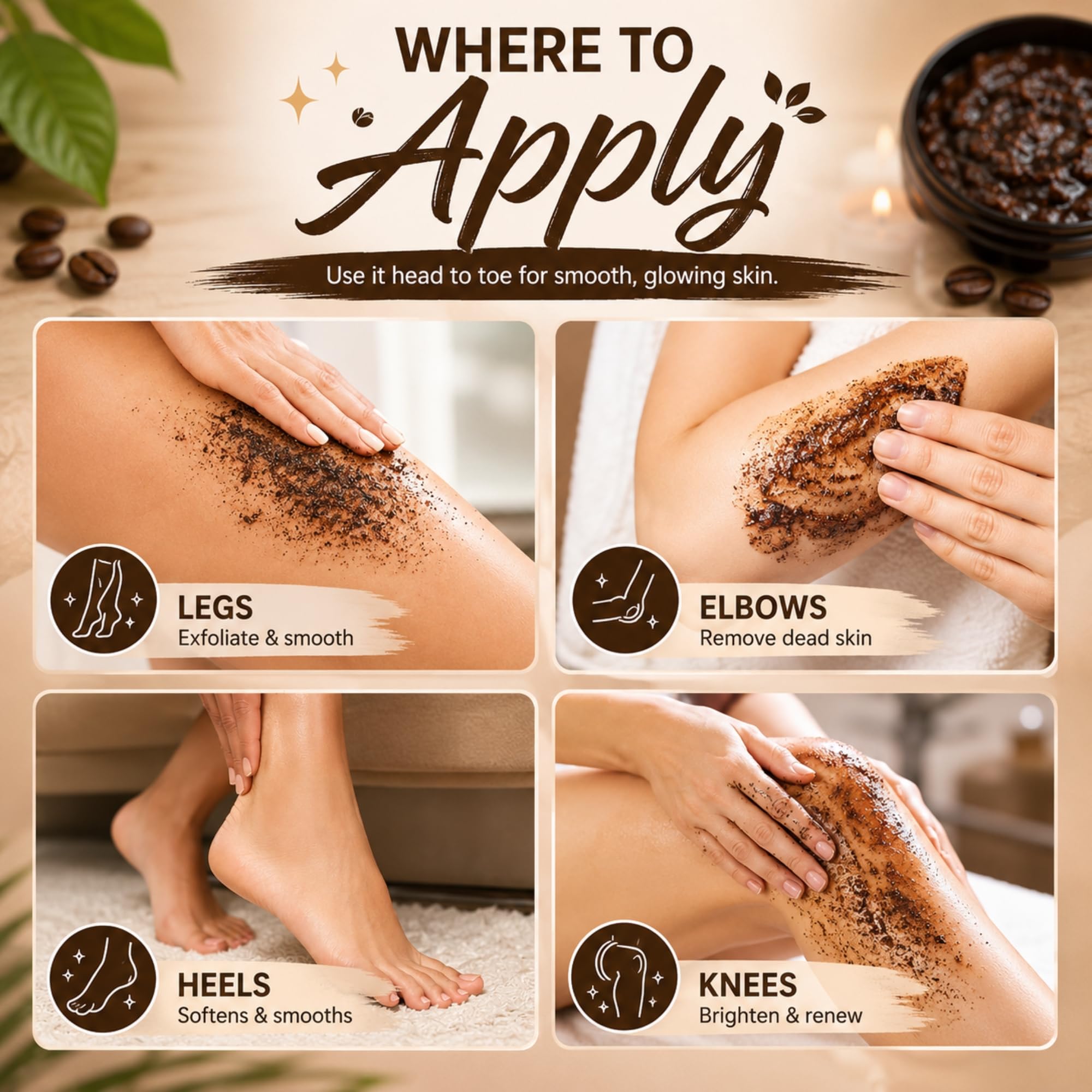 Three Bloosoms Coffee Scrub Body Exfoliator - 350g Anti Cellulite & Anti aging & Rem - Three Bloosoms Official Product View 6