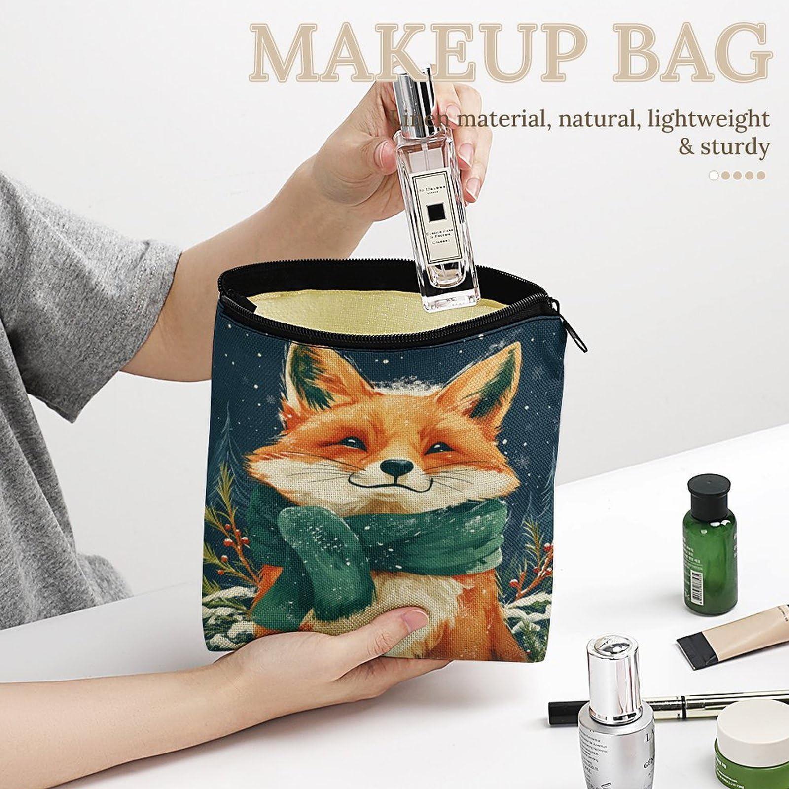 Qfsdijnig Fox Winter Scarf Snowflake Pine Cosmetic Bag Makeup Pouch with Zipper - Travel Linen Makeup Organizer - Portable Vanity Case for Women Girls Teens - Gift Set for Her - Makeup Storage Bag