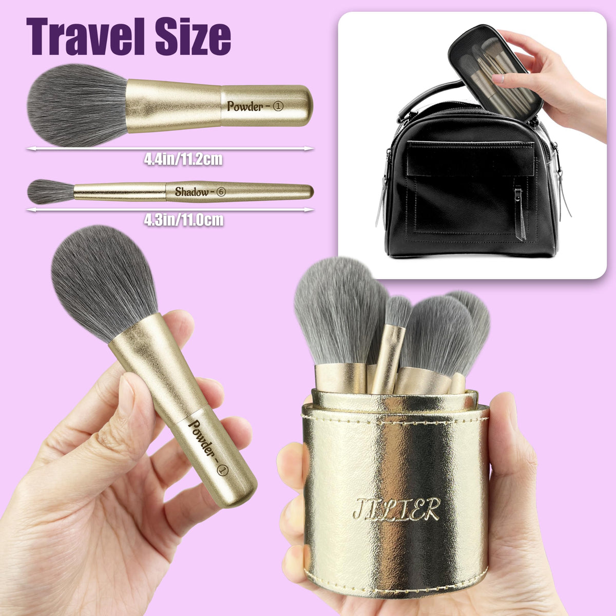 Jilier 14 pcs Mini Makeup Brushes and Pocket Mirror Travel - JILIER Official Imagery - 4