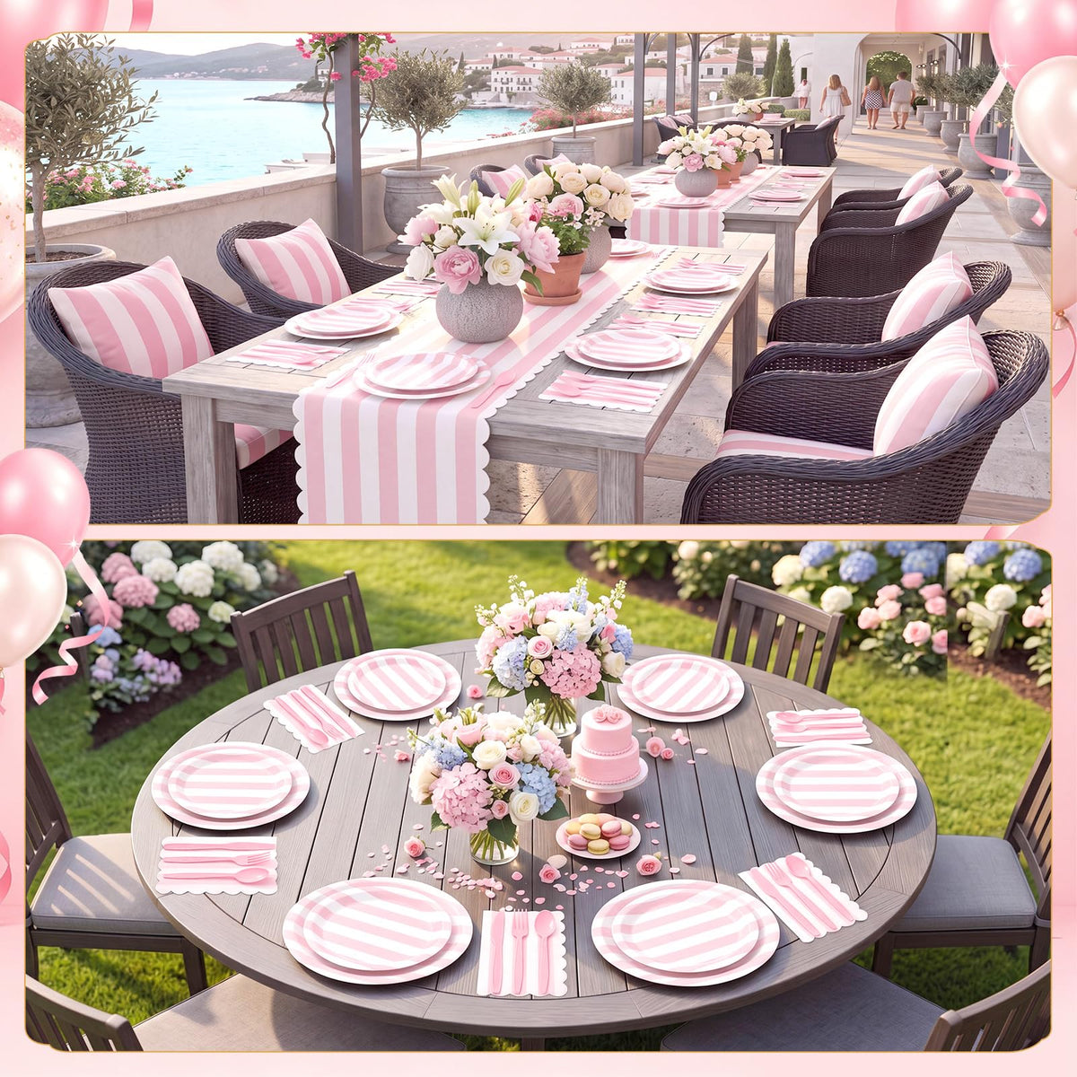 Mimorou 175 Pcs Pink White Striped Party Tableware for 25 - Mimorou Official Imagery - 7