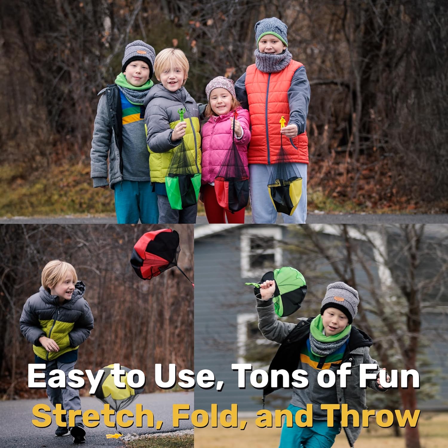 Nutty Toys outdoor flying parachute toy for kids, featuring a tangle-free design and colorful parachute with a figure inside.